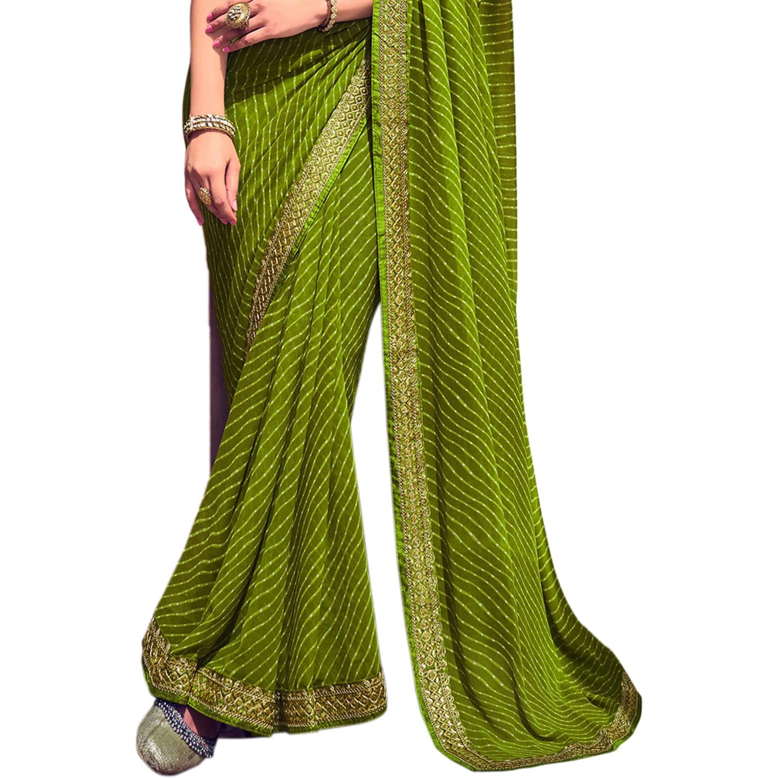 Satrani Womens Knit Pure Georgette Saree (2555S283N_Olive Green)