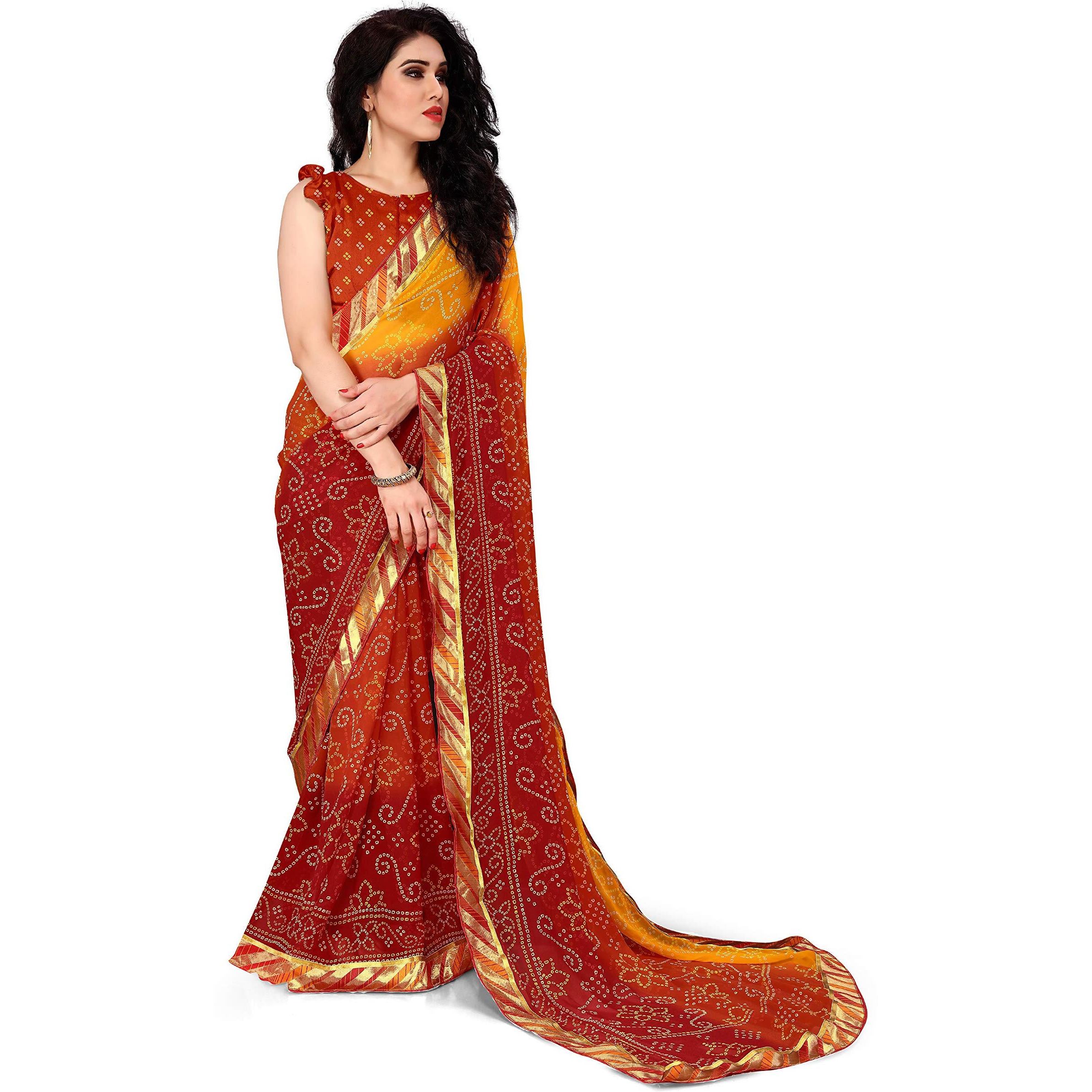 SOURBH Womens Faux Georgette Printed Bandhani Saree with Blouse Piece (21361A-Yellow, Orange, Red)