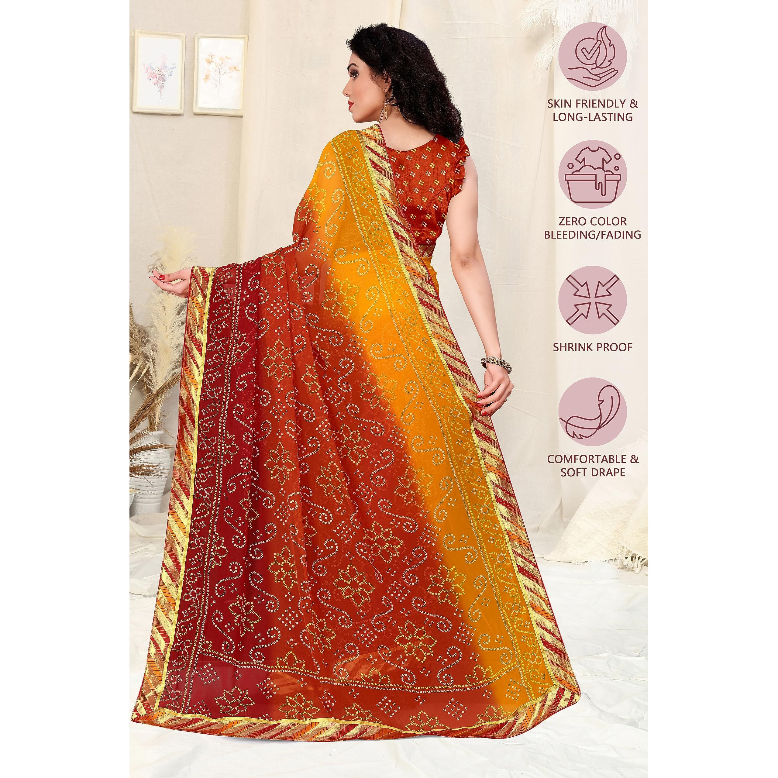 SOURBH Womens Faux Georgette Printed Bandhani Saree with Blouse Piece (21361A-Yellow, Orange, Red)