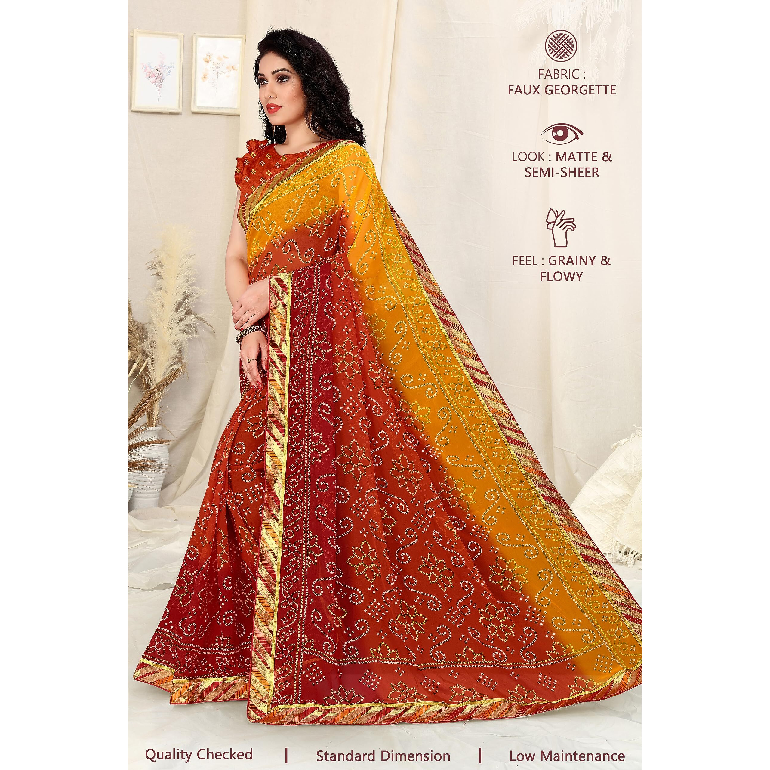 SOURBH Womens Faux Georgette Printed Bandhani Saree with Blouse Piece (21361A-Yellow, Orange, Red)