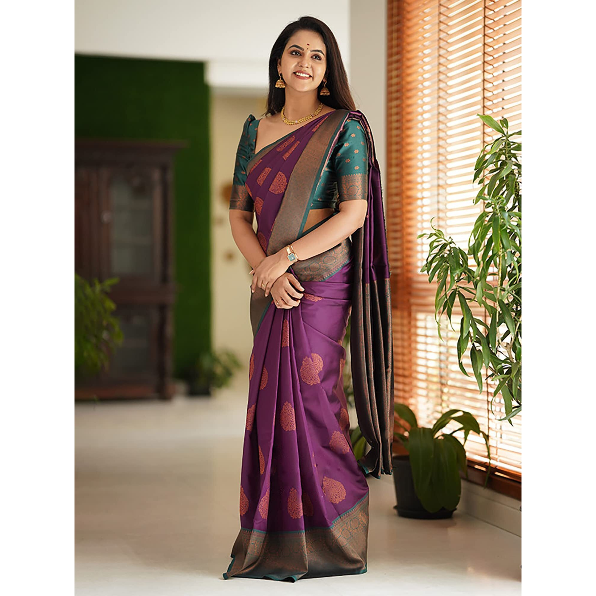 AKHILAM Womens Woven Design Kanjivaram Banarasi Silk Saree With Unstitched Blouse Piece (Purple_SITA1001)