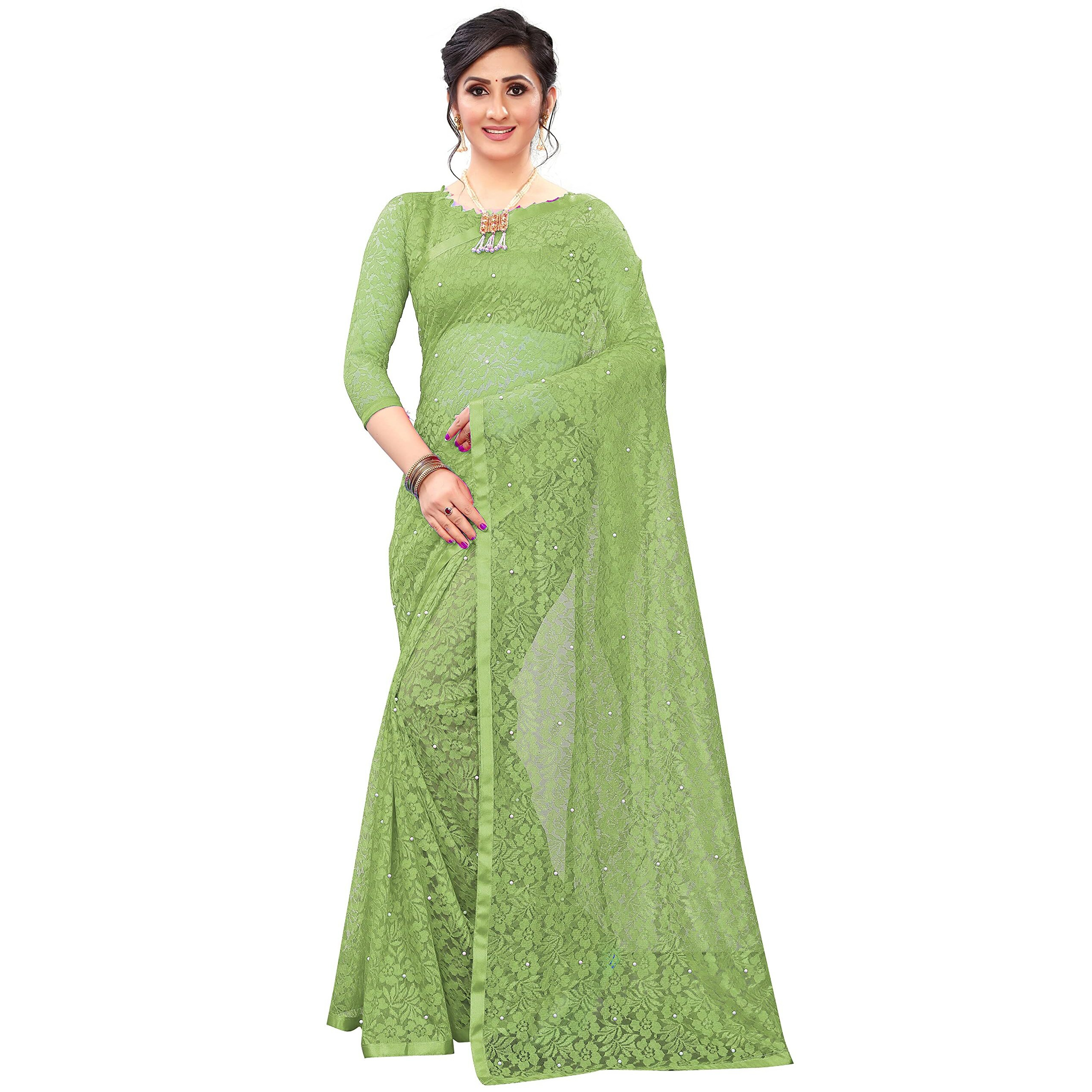 LOROFY Womens Net Saree (With Blouse_Free Size) (PerrotGreen)