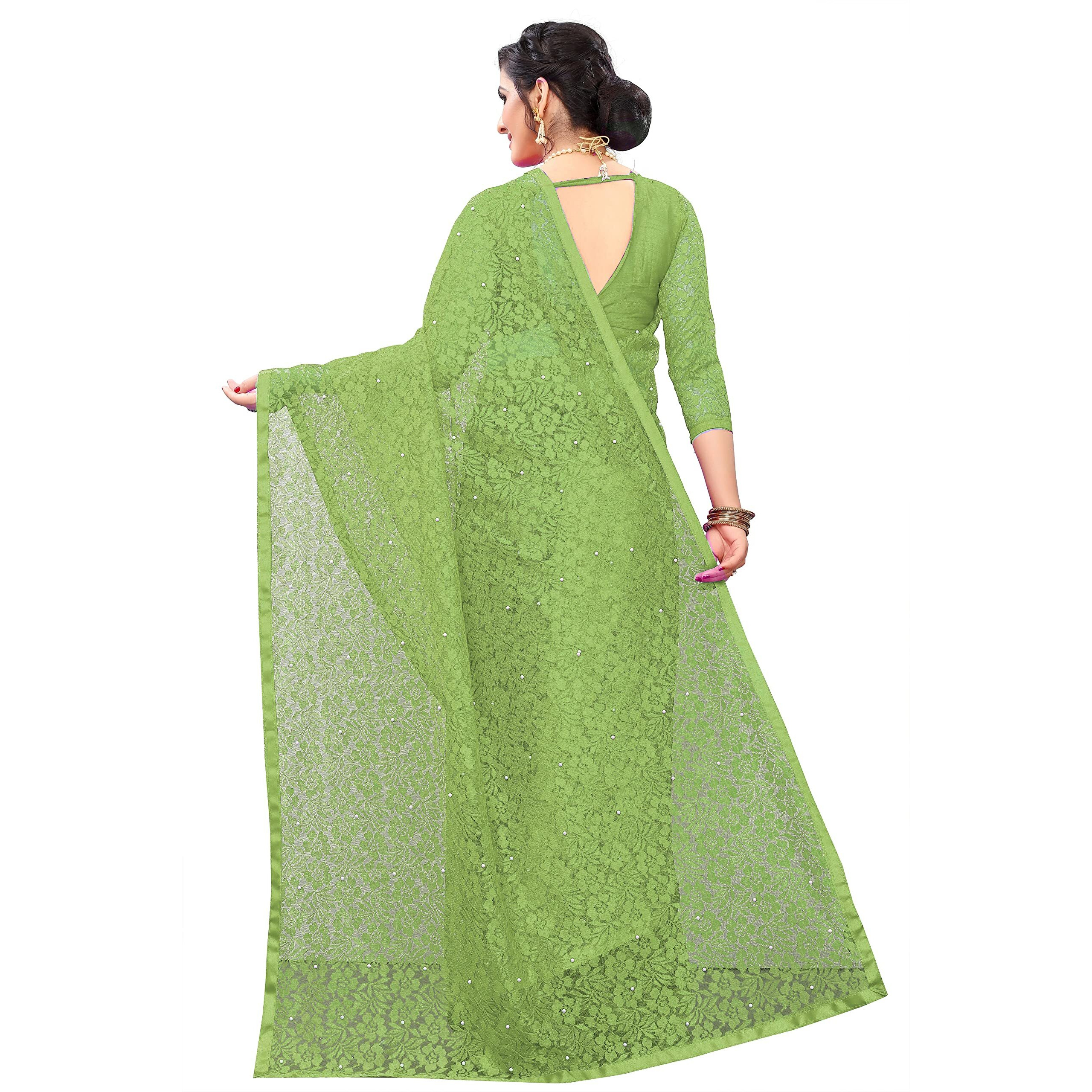 LOROFY Womens Net Saree (With Blouse_Free Size) (PerrotGreen)