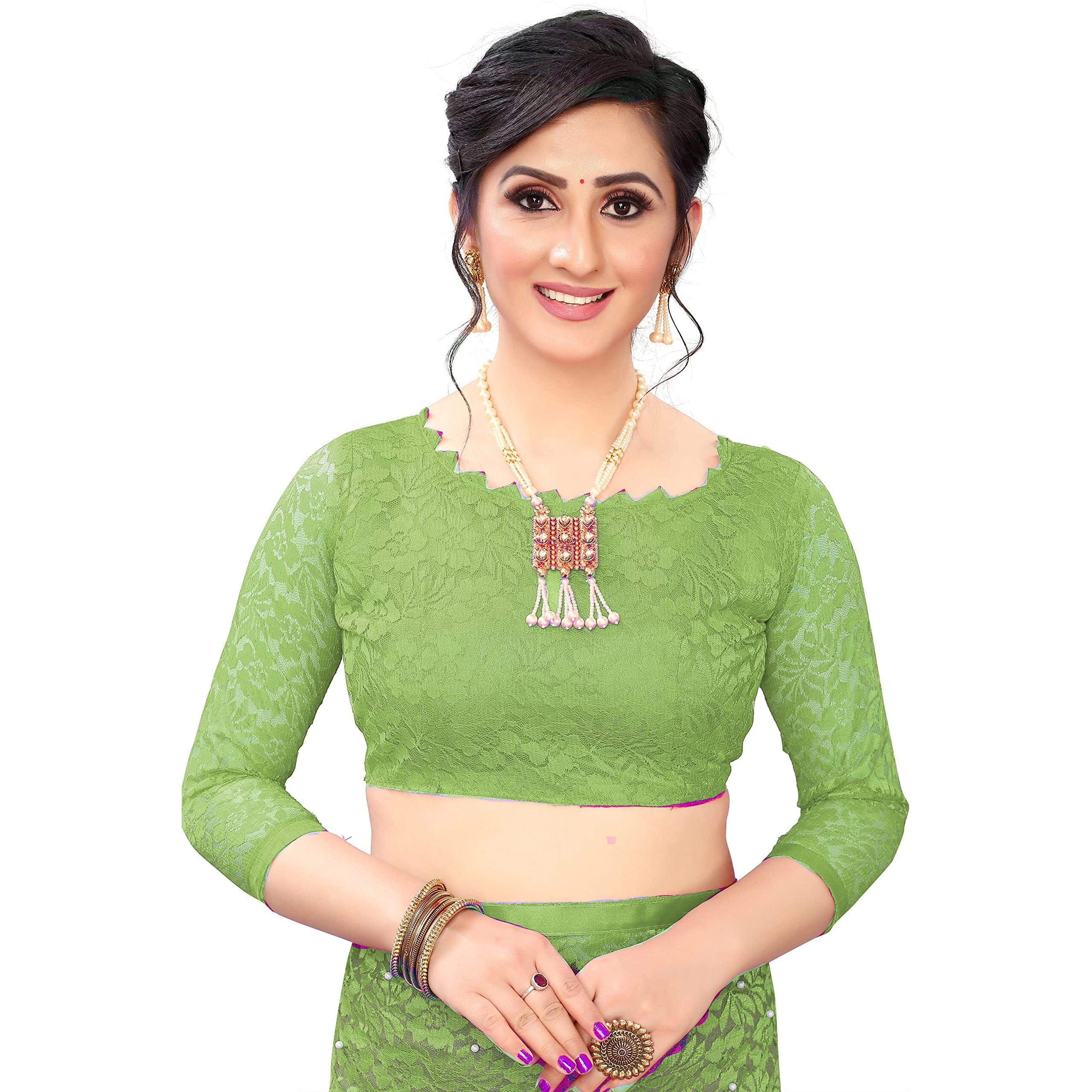 LOROFY Womens Net Saree (With Blouse_Free Size) (PerrotGreen)