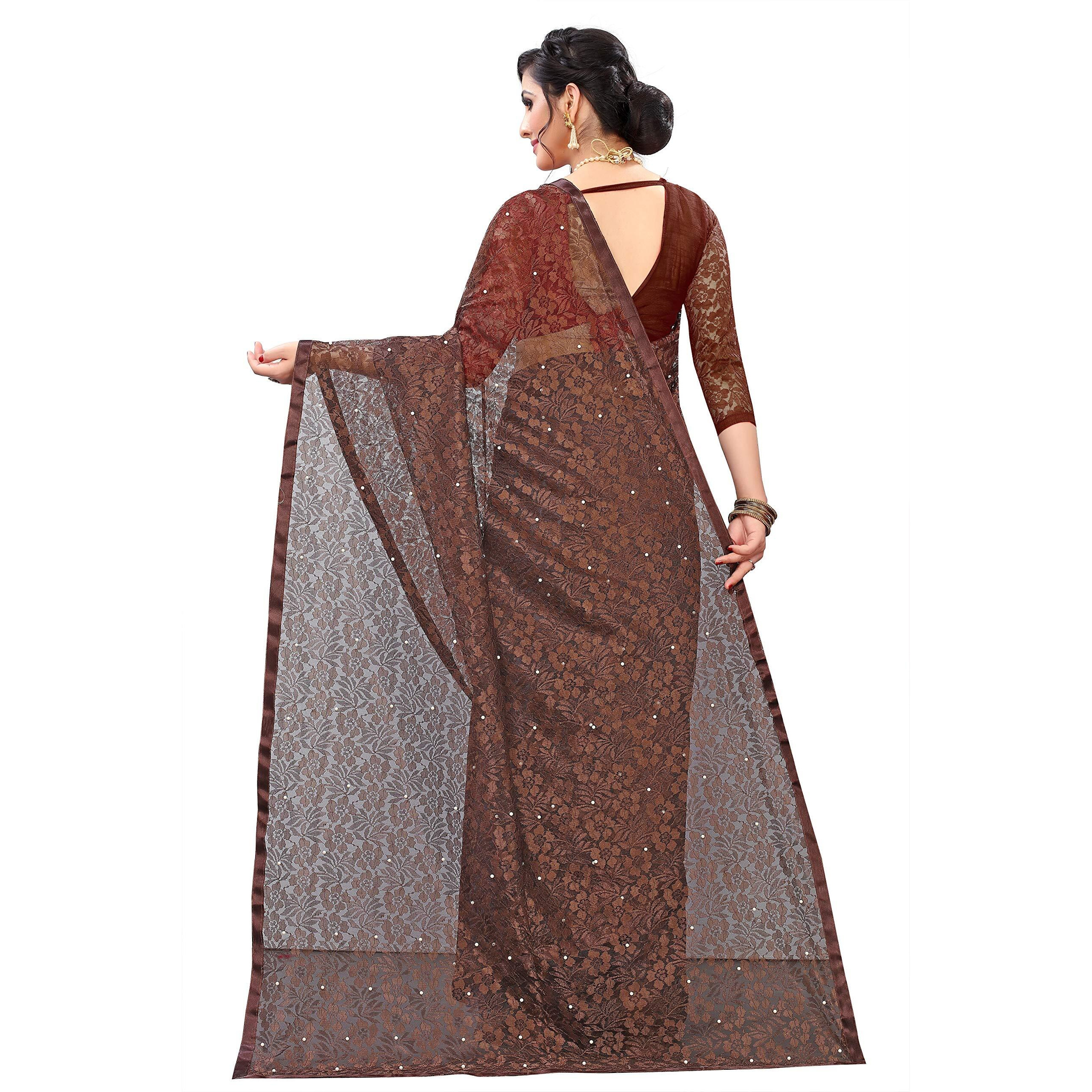 LOROFY Womens Jacquard Net saree (Brasoss_Coffy)