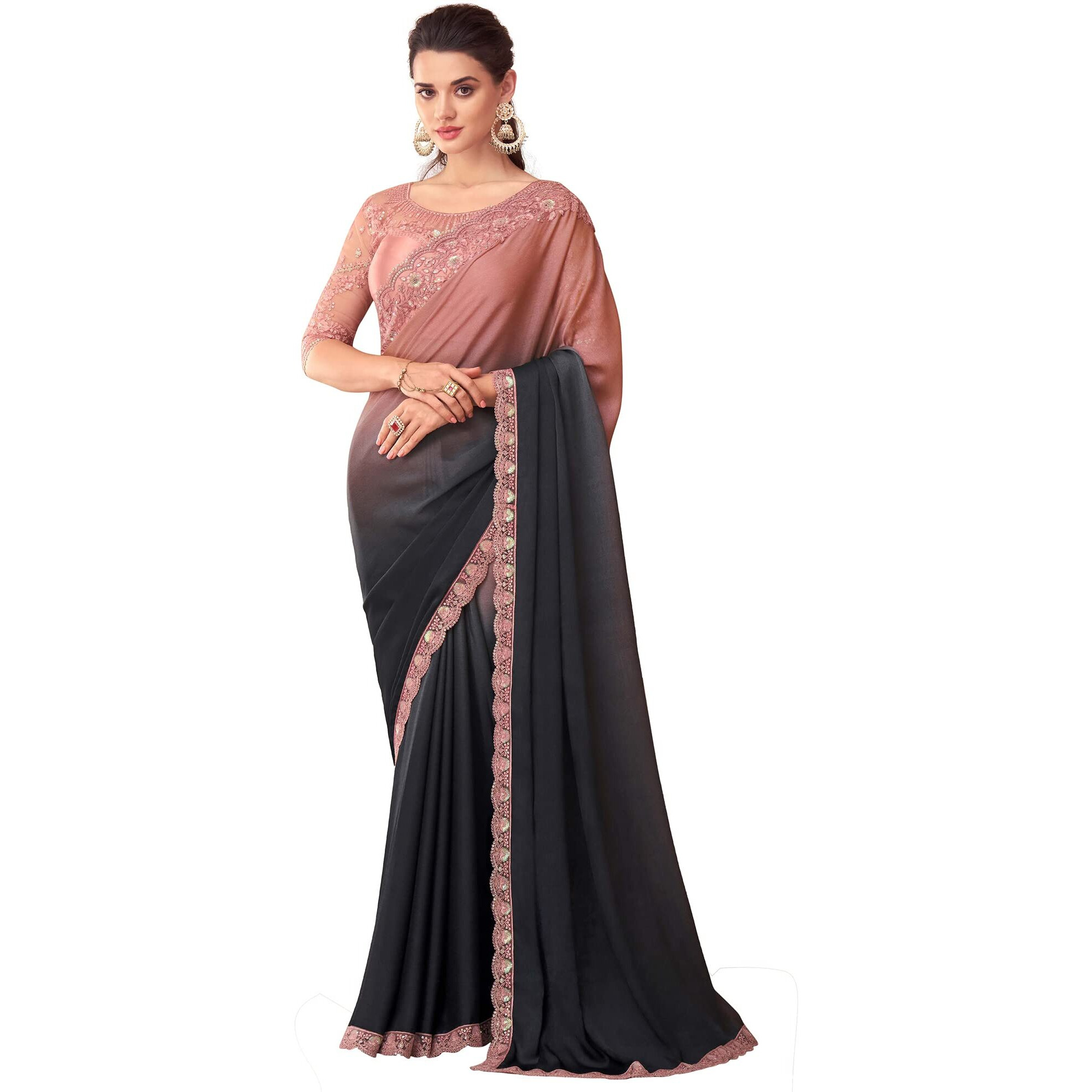 AKHILAM Womens And Girls Embroidery Lace & Sequence Embroidery Chiffon Saree With Unstitched Blouse Piece (Grey_SNDLWOD1112_TFH)