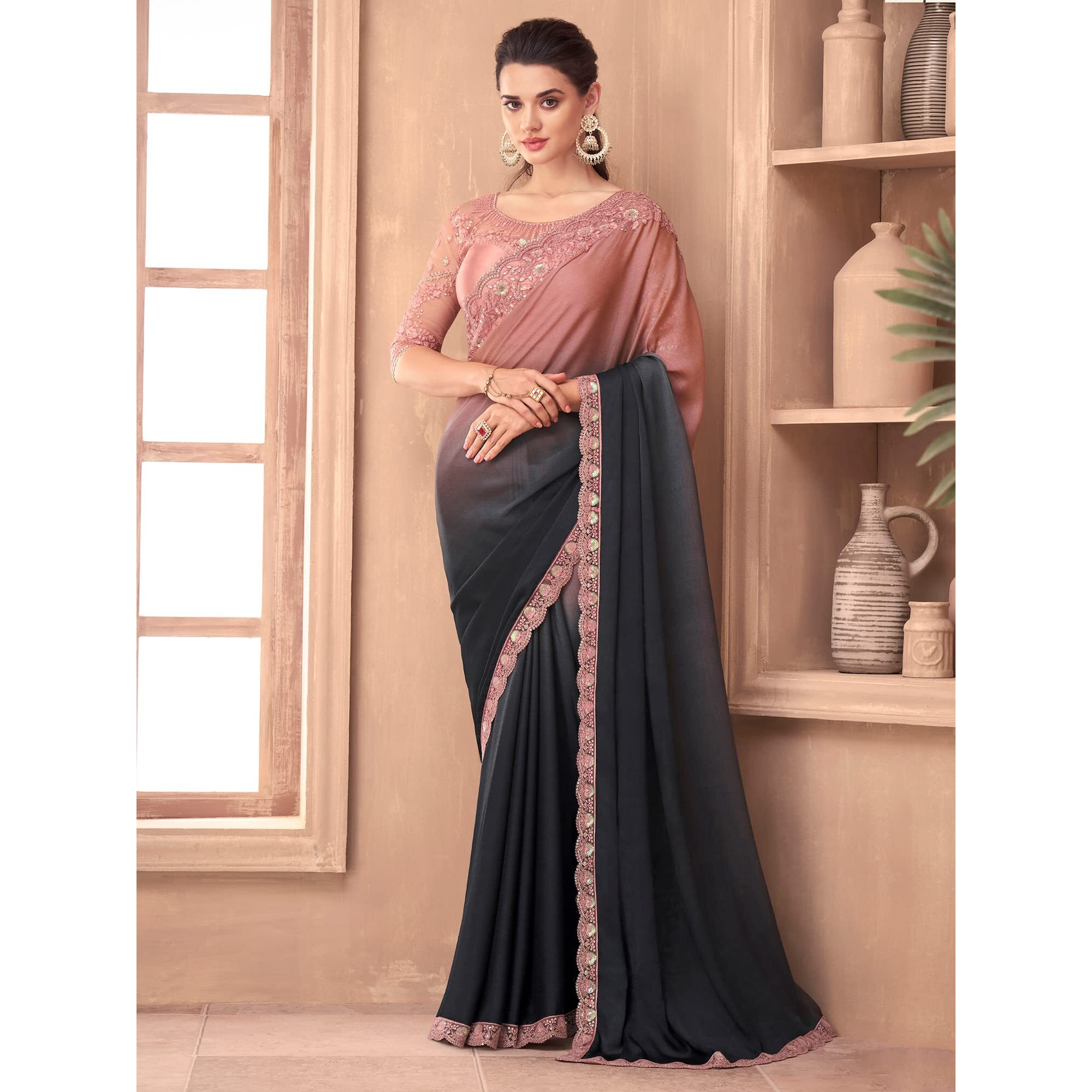 AKHILAM Womens And Girls Embroidery Lace & Sequence Embroidery Chiffon Saree With Unstitched Blouse Piece (Grey_SNDLWOD1112_TFH)