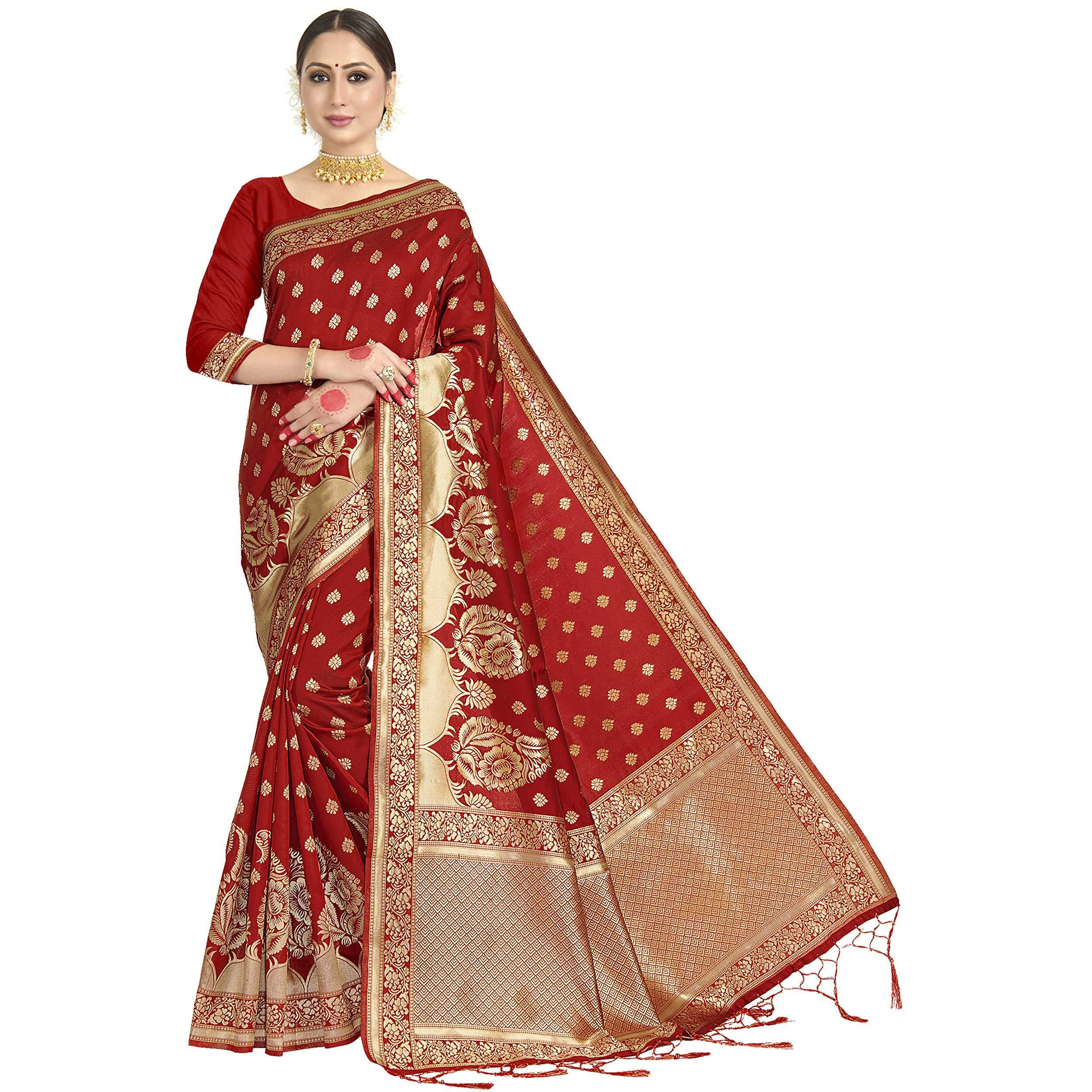 Vardha Womens Banarasi Art Silk Saree with Unstitched Blouse Piece - Zari Woven Work Sarees for Wedding (Paneri, 13, Red)