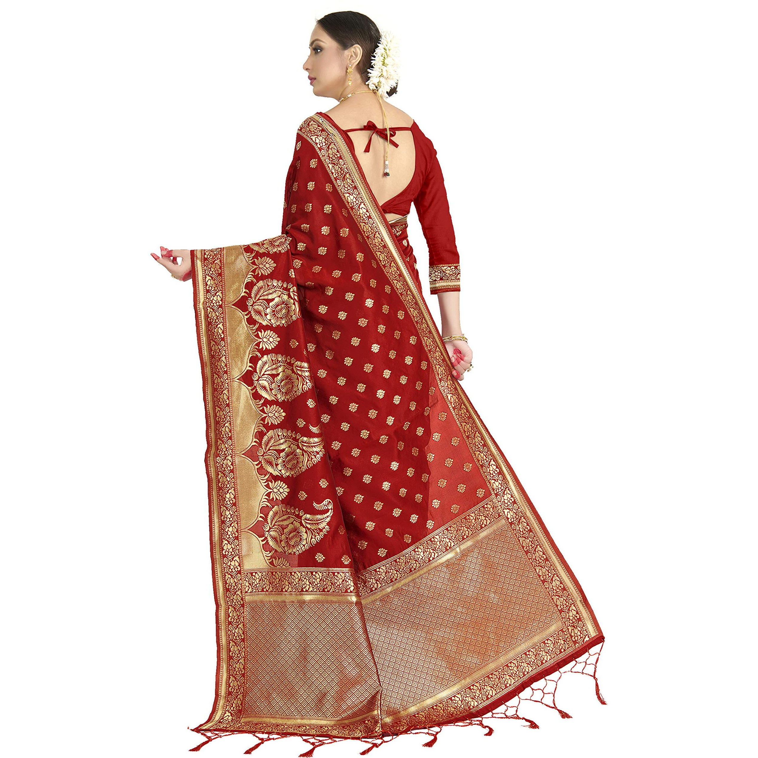 Vardha Womens Banarasi Art Silk Saree with Unstitched Blouse Piece - Zari Woven Work Sarees for Wedding (Paneri, 13, Red)