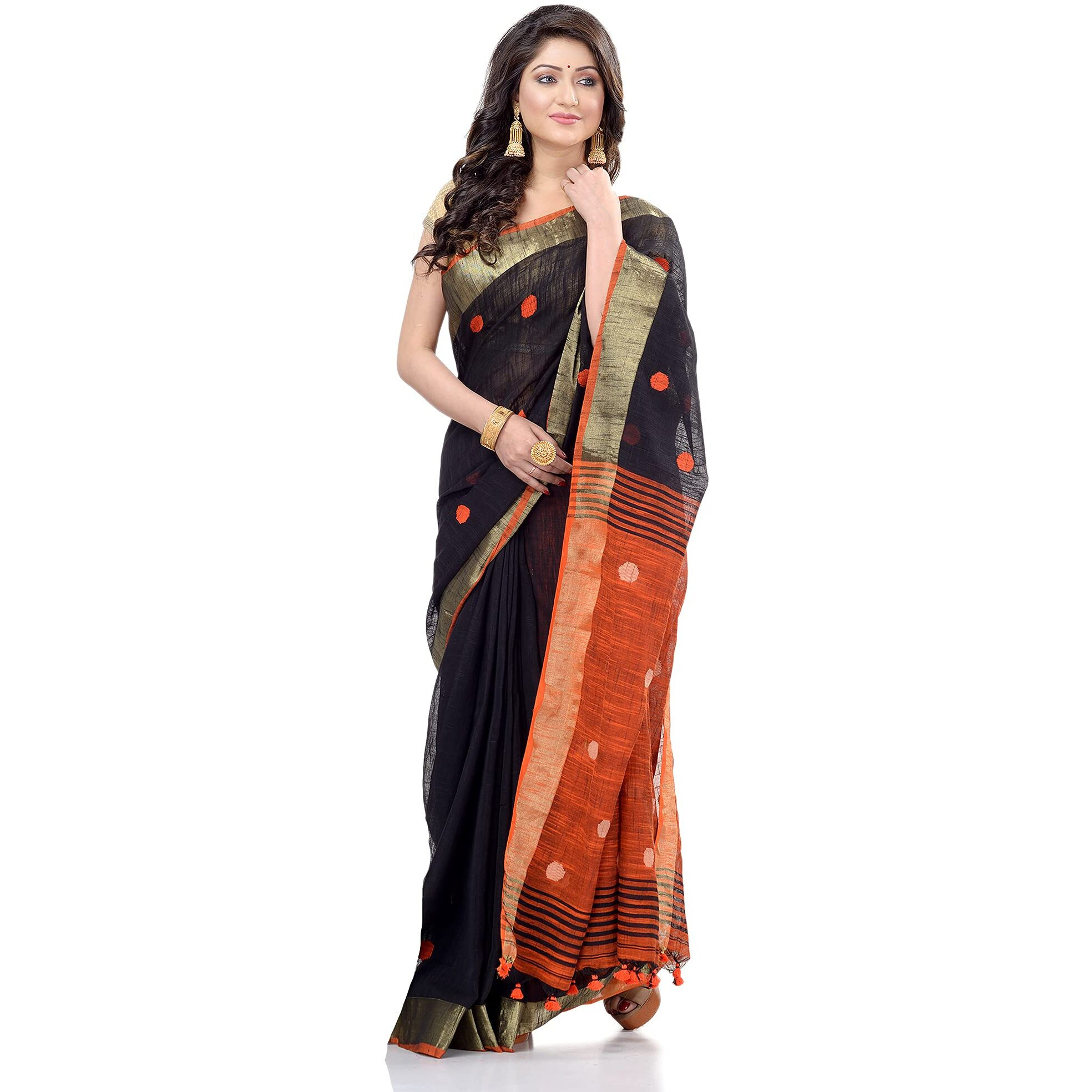 dB DESH BIDESH Womens Tant Cotton Saree With Blouse Piece (DBROUND030421_Black & Orange)