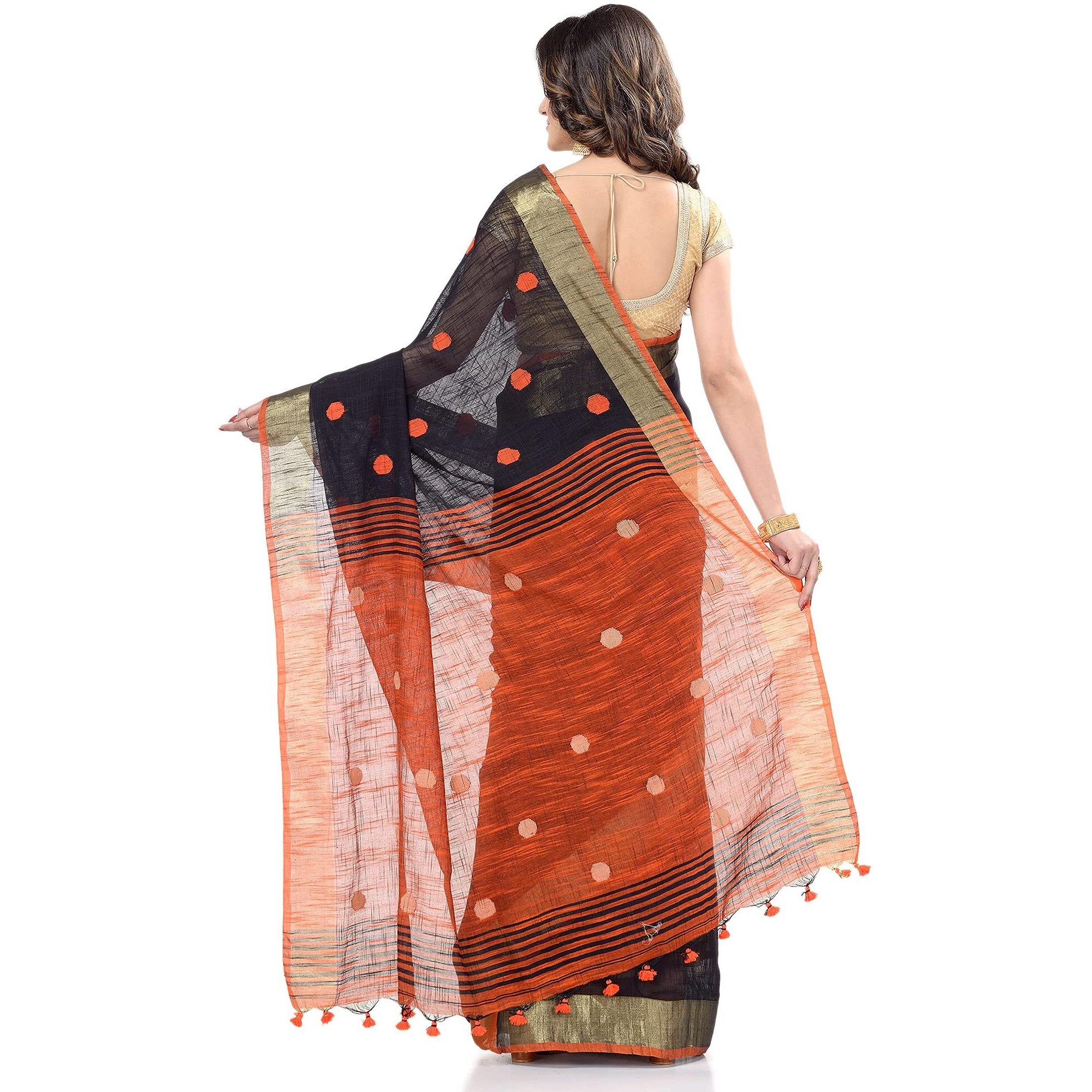 dB DESH BIDESH Womens Tant Cotton Saree With Blouse Piece (DBROUND030421_Black & Orange)