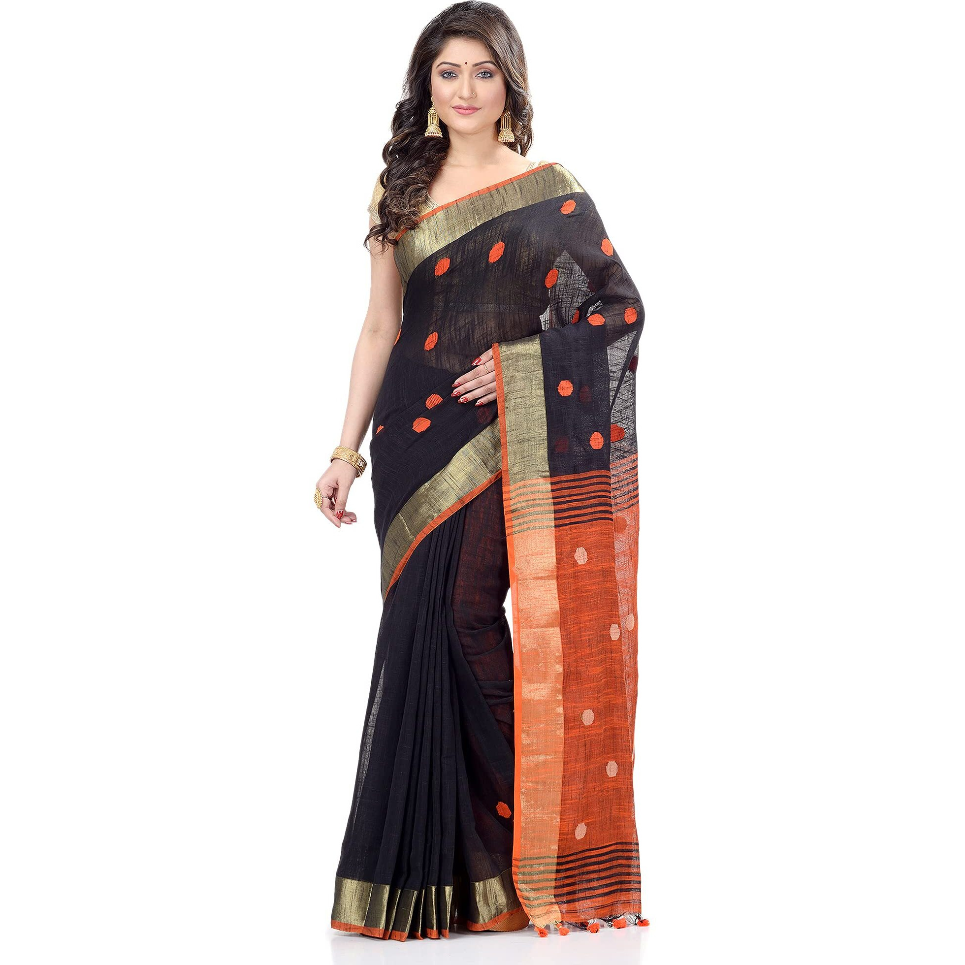 dB DESH BIDESH Womens Tant Cotton Saree With Blouse Piece (DBROUND030421_Black & Orange)