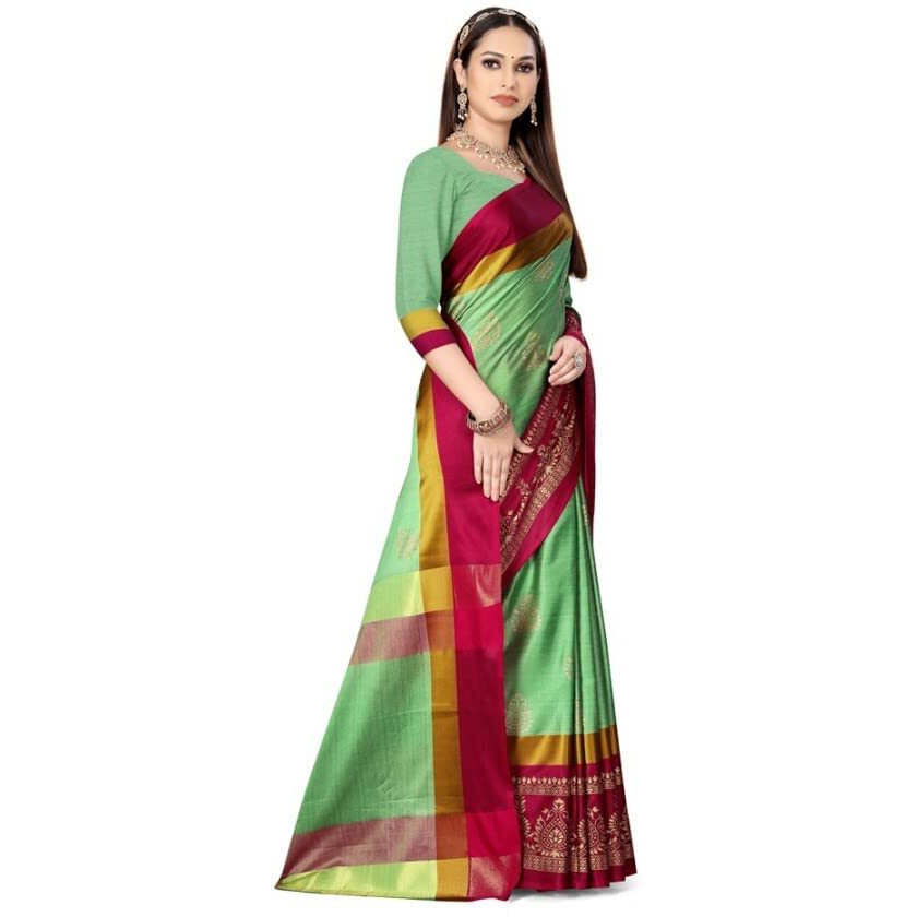 GRECIILOOKS Womens Cotton Silk Ready Pleated Saree Saree For Women (Light Green)