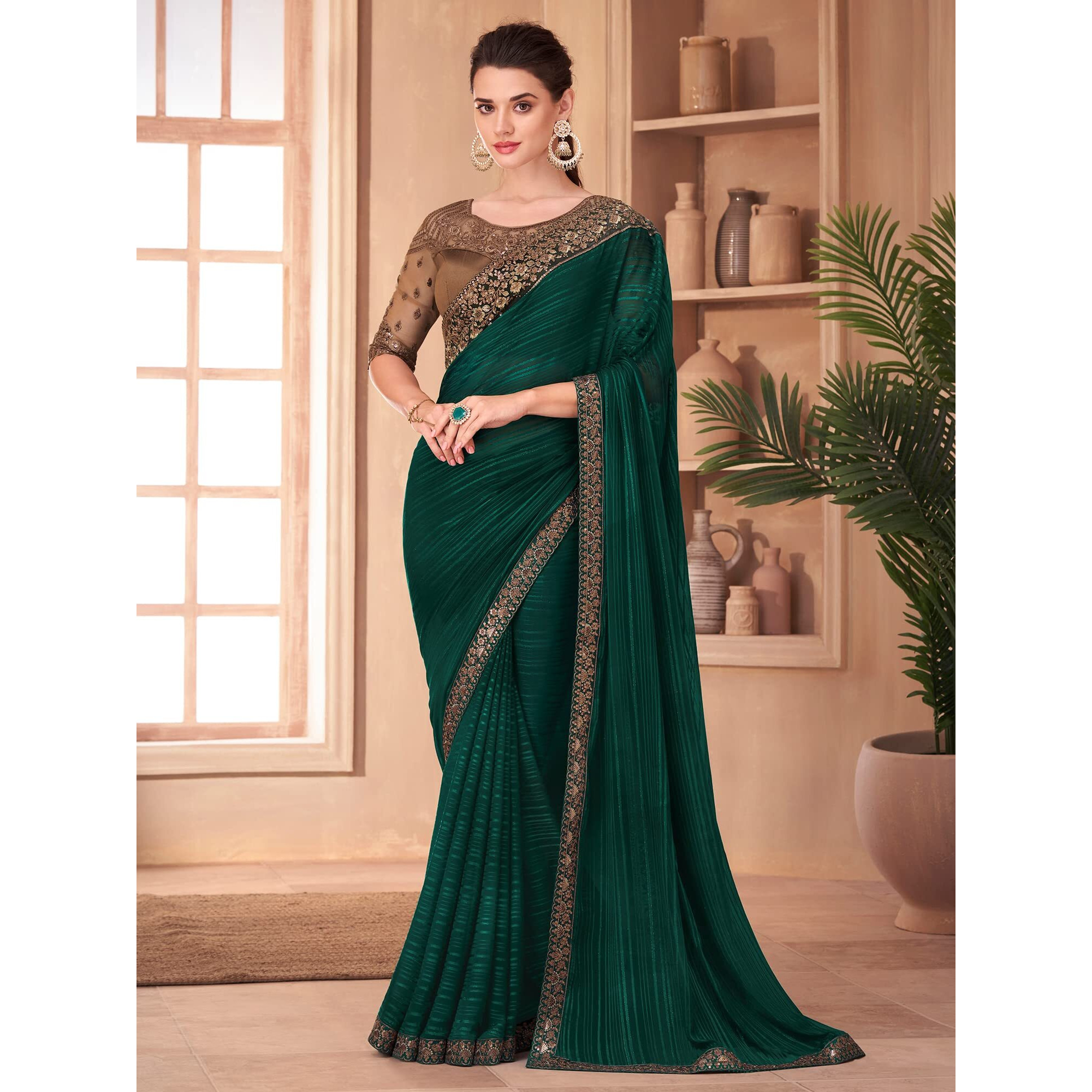 AKHILAM Womens Georgette Embellished Designer Saree With Blouse Piece (Teal blue_SNDLWOD1102_TFH)