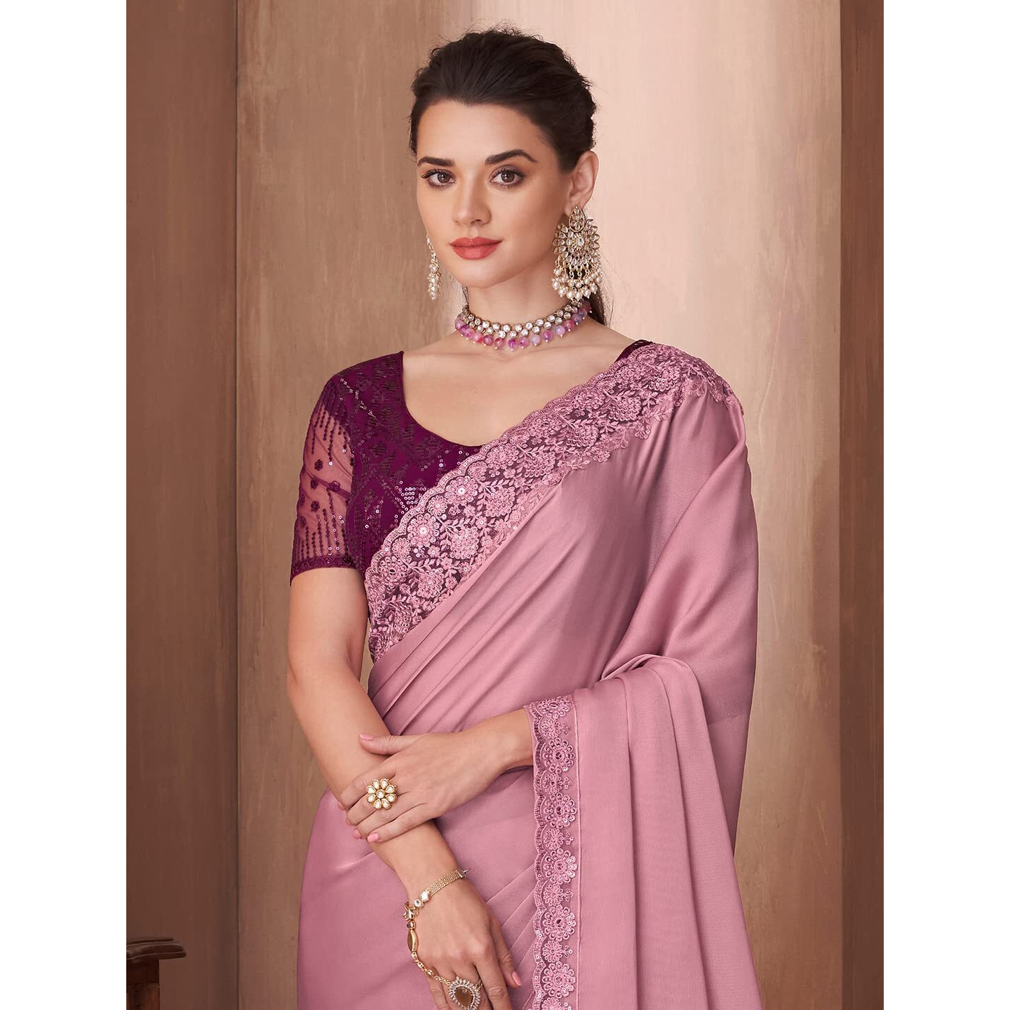 AKHILAM Womens Embroidery Lace & Sequence Embroidery Banarasi Silk Saree With Unstitched Blouse Piece (Mauve_SNDLWOD1115_TFH)