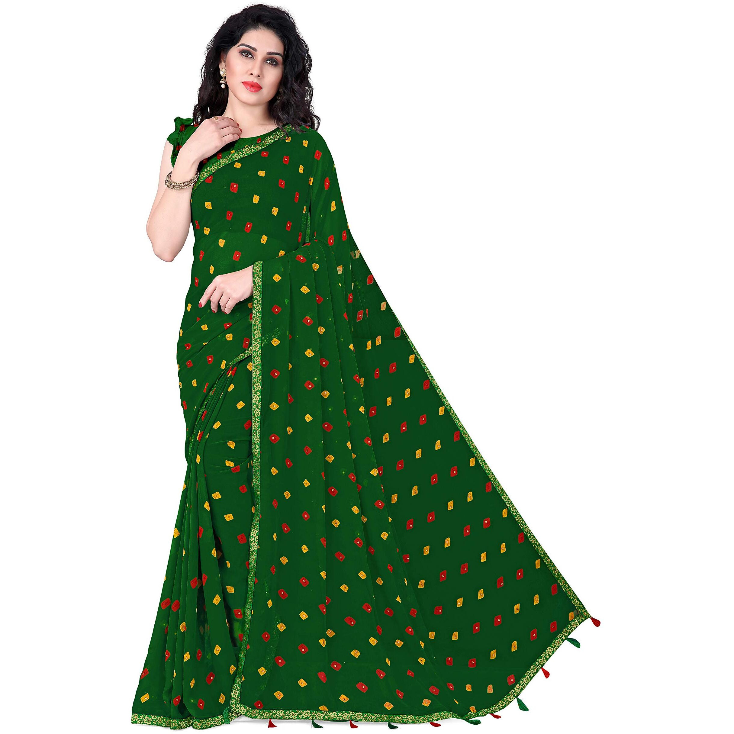 SOURBH Womens Faux Georgette Bandhani Printed Embellished Saree with Blouse Piece (23732-Green)