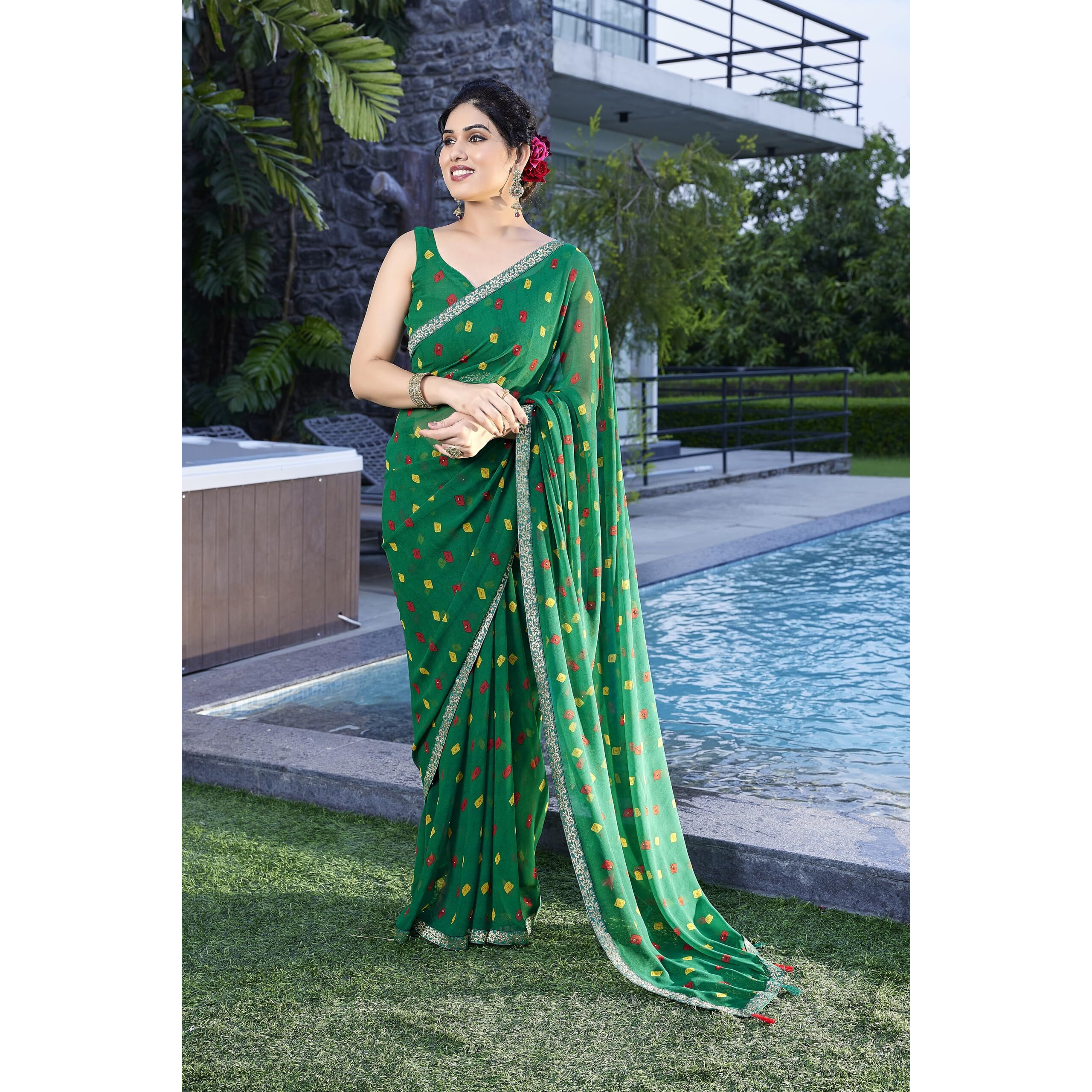 SOURBH Womens Faux Georgette Bandhani Printed Embellished Saree with Blouse Piece (23732-Green)