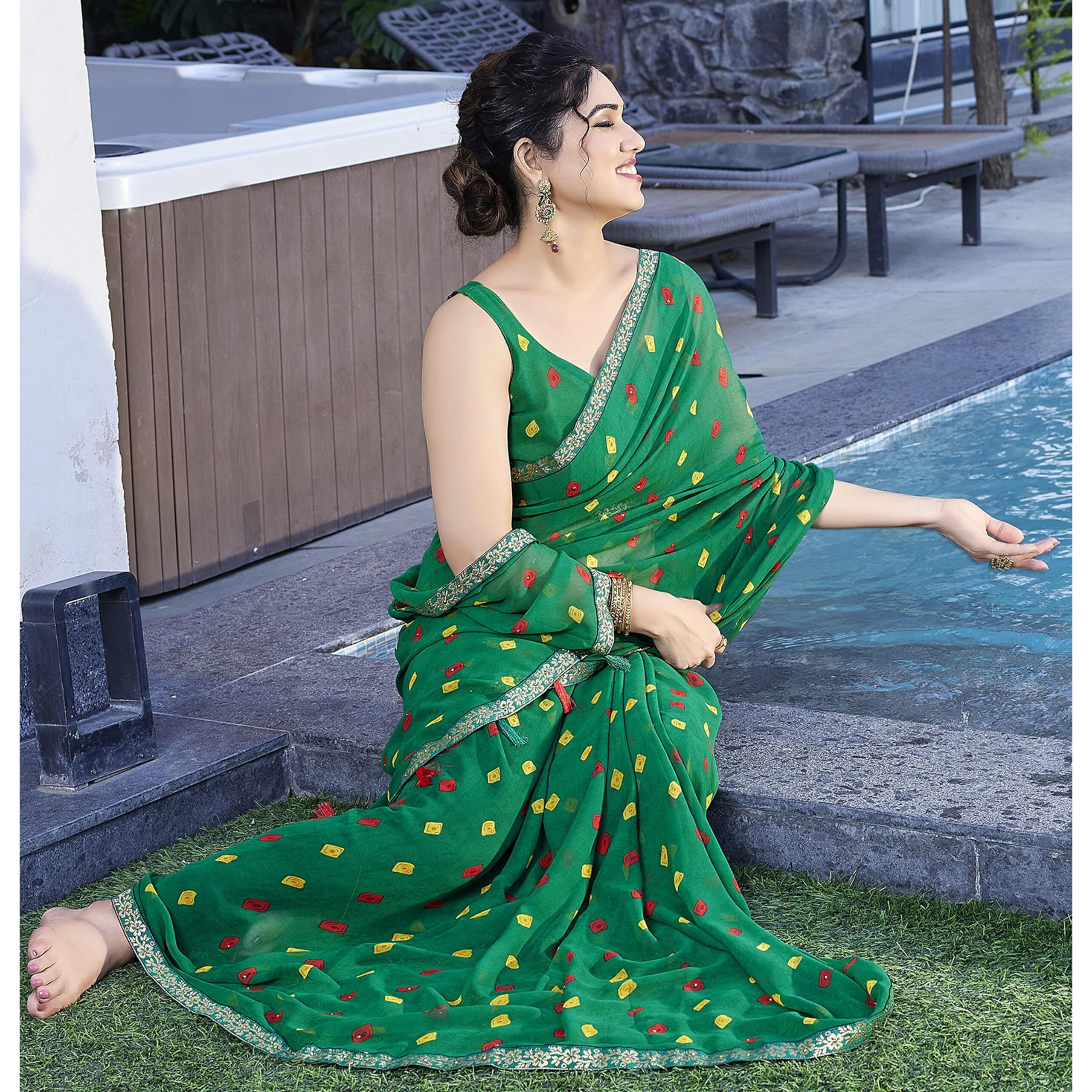 SOURBH Womens Faux Georgette Bandhani Printed Embellished Saree with Blouse Piece (23732-Green)