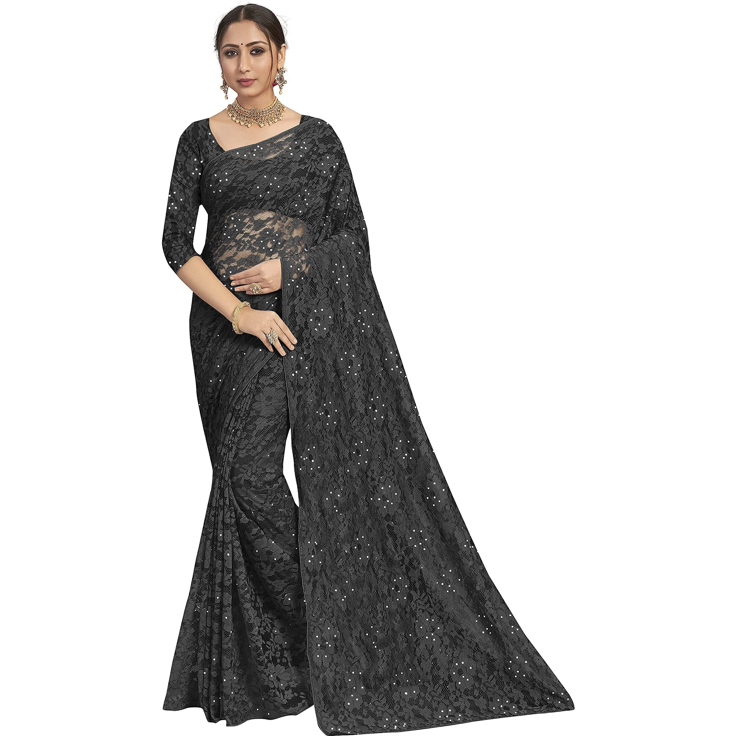 Vardha Womens Brasso Saree with Unstitched Blouse Piece - Stone Work Saree (Aasma, 488, Black)