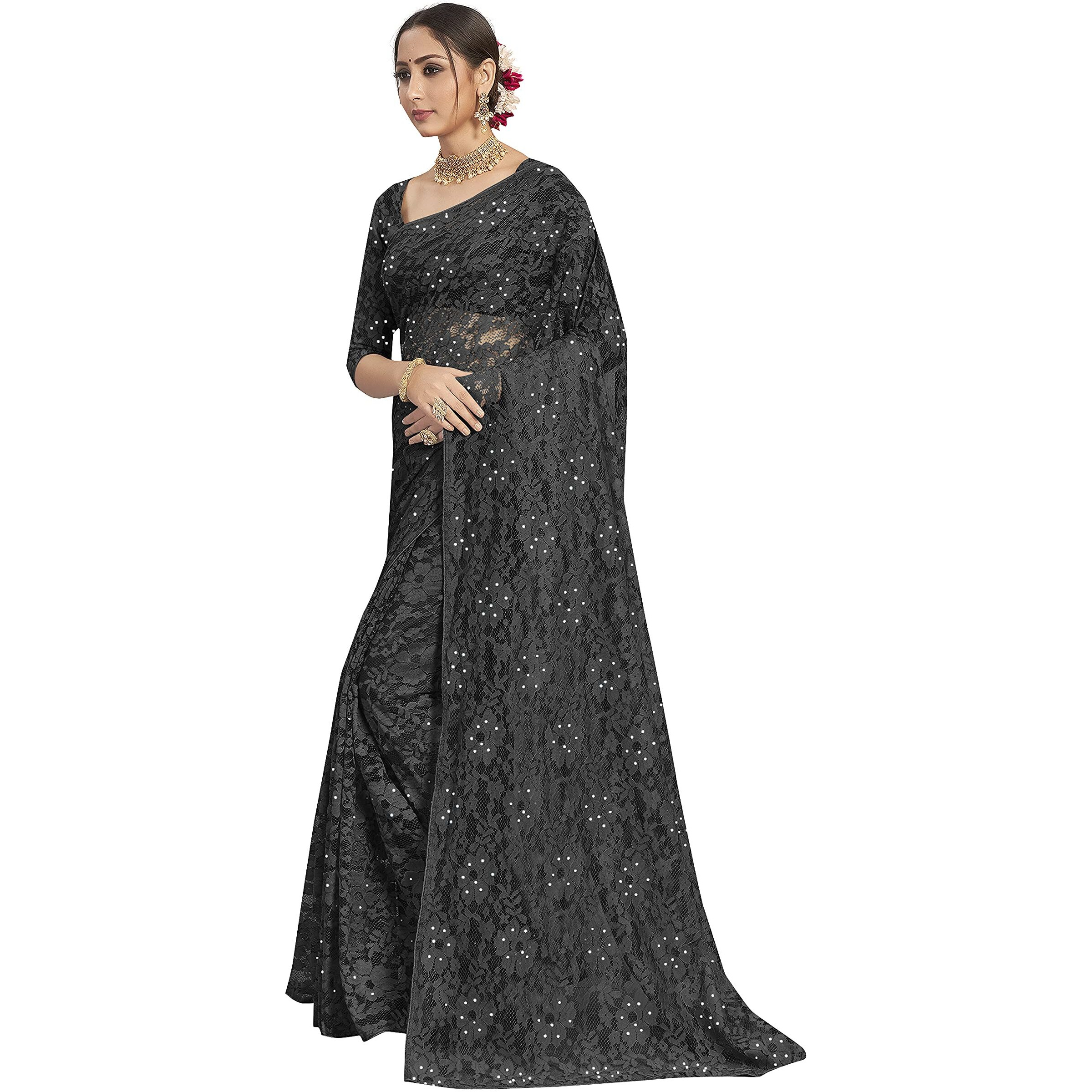 Vardha Womens Brasso Saree with Unstitched Blouse Piece - Stone Work Saree (Aasma, 488, Black)