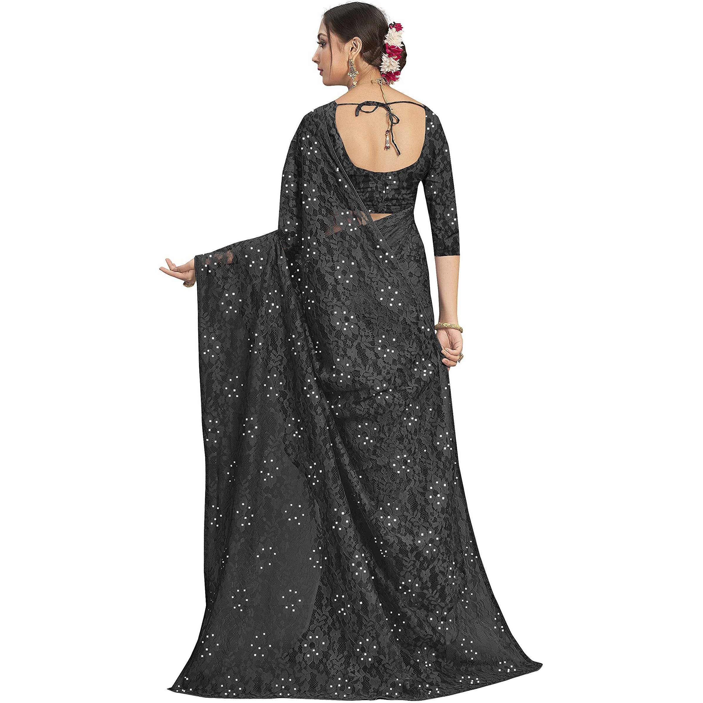 Vardha Womens Brasso Saree with Unstitched Blouse Piece - Stone Work Saree (Aasma, 488, Black)