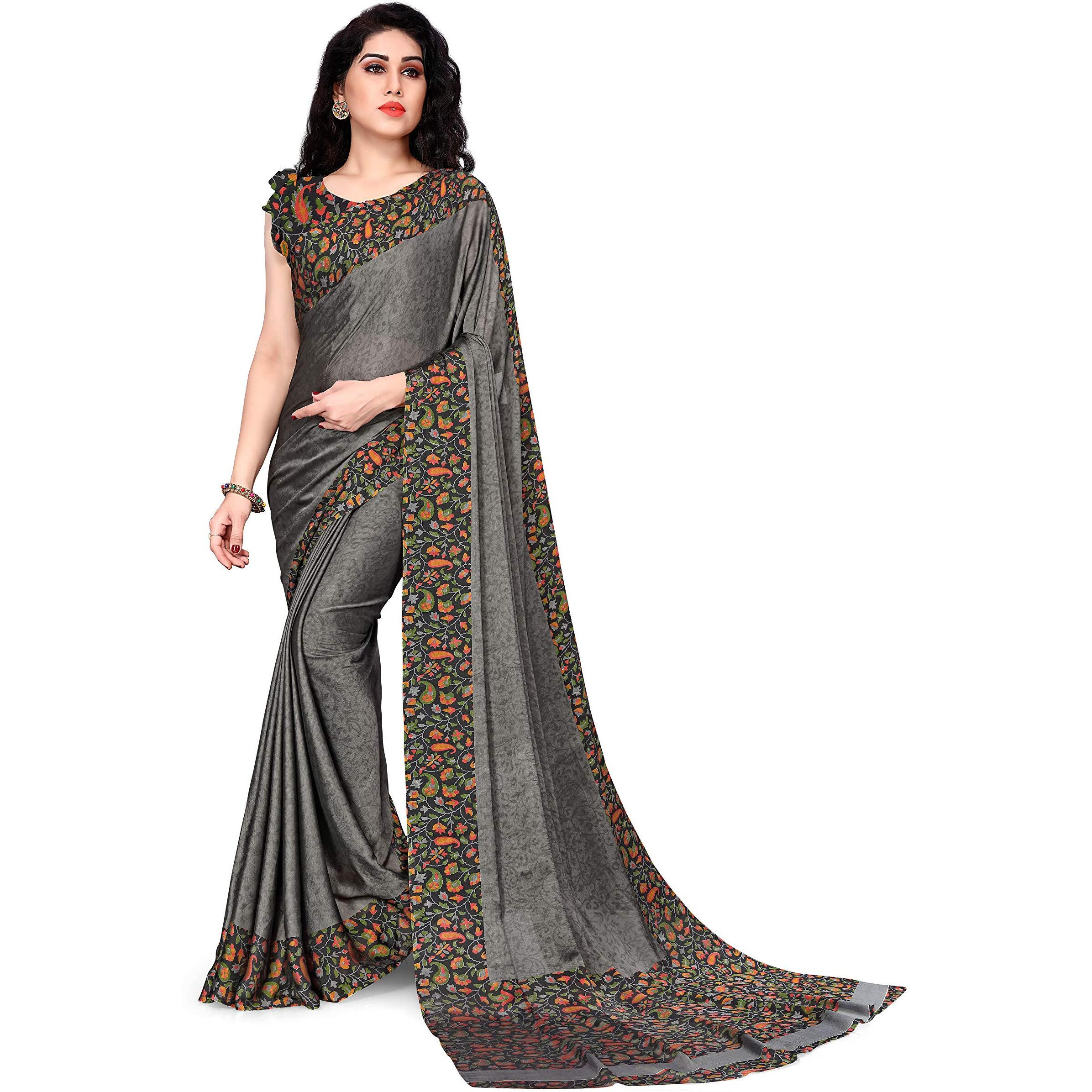 SOURBH Womens Plain Weave Chiffon Chintz Motif Printed Saree with Blouse Piece (20683-Grey, Black)