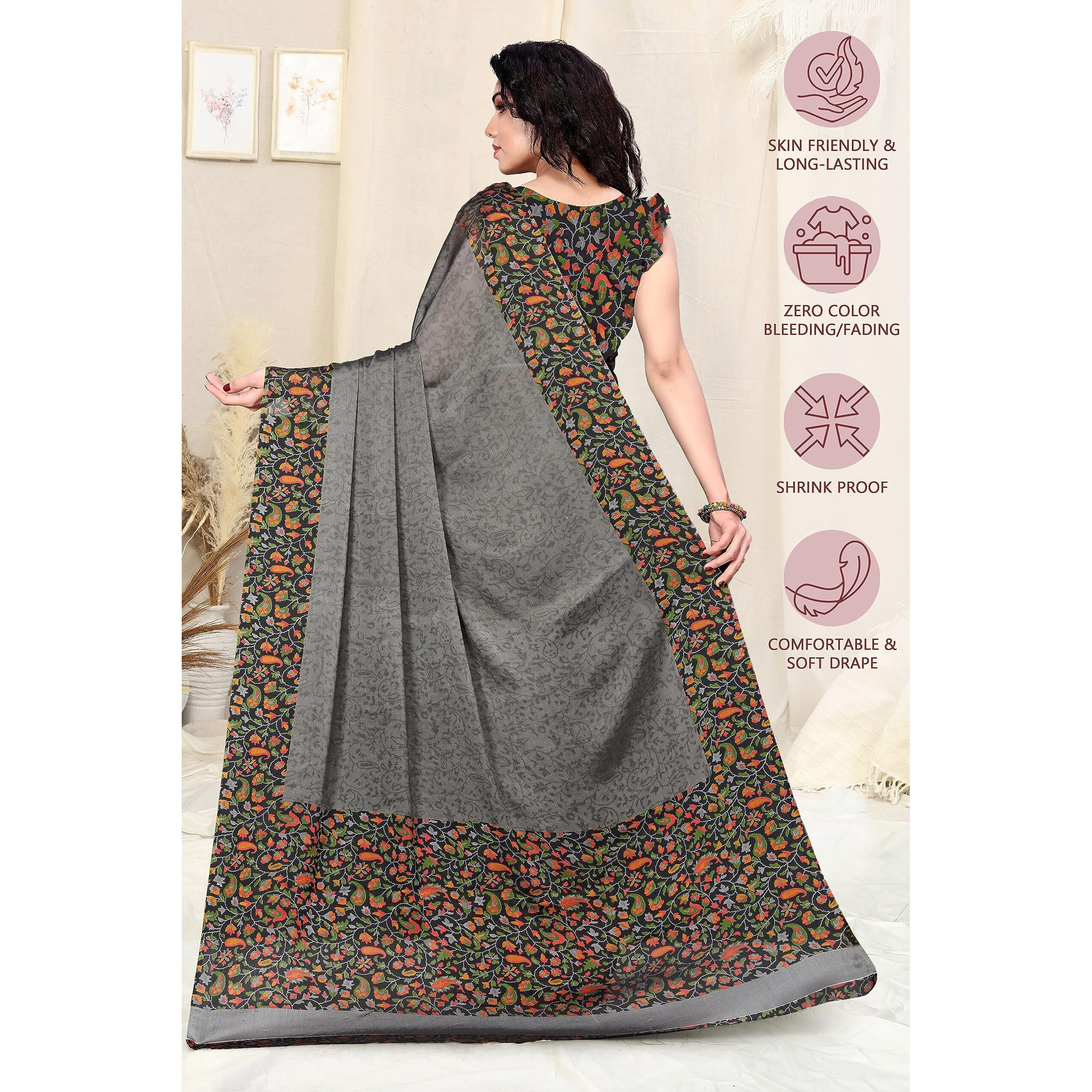 SOURBH Womens Plain Weave Chiffon Chintz Motif Printed Saree with Blouse Piece (20683-Grey, Black)