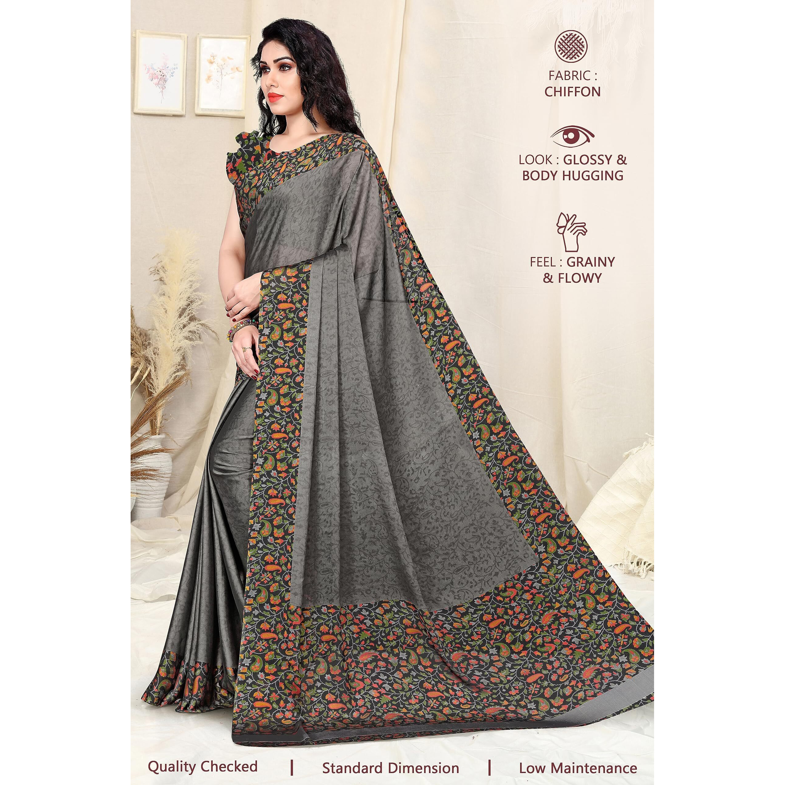 SOURBH Womens Plain Weave Chiffon Chintz Motif Printed Saree with Blouse Piece (20683-Grey, Black)