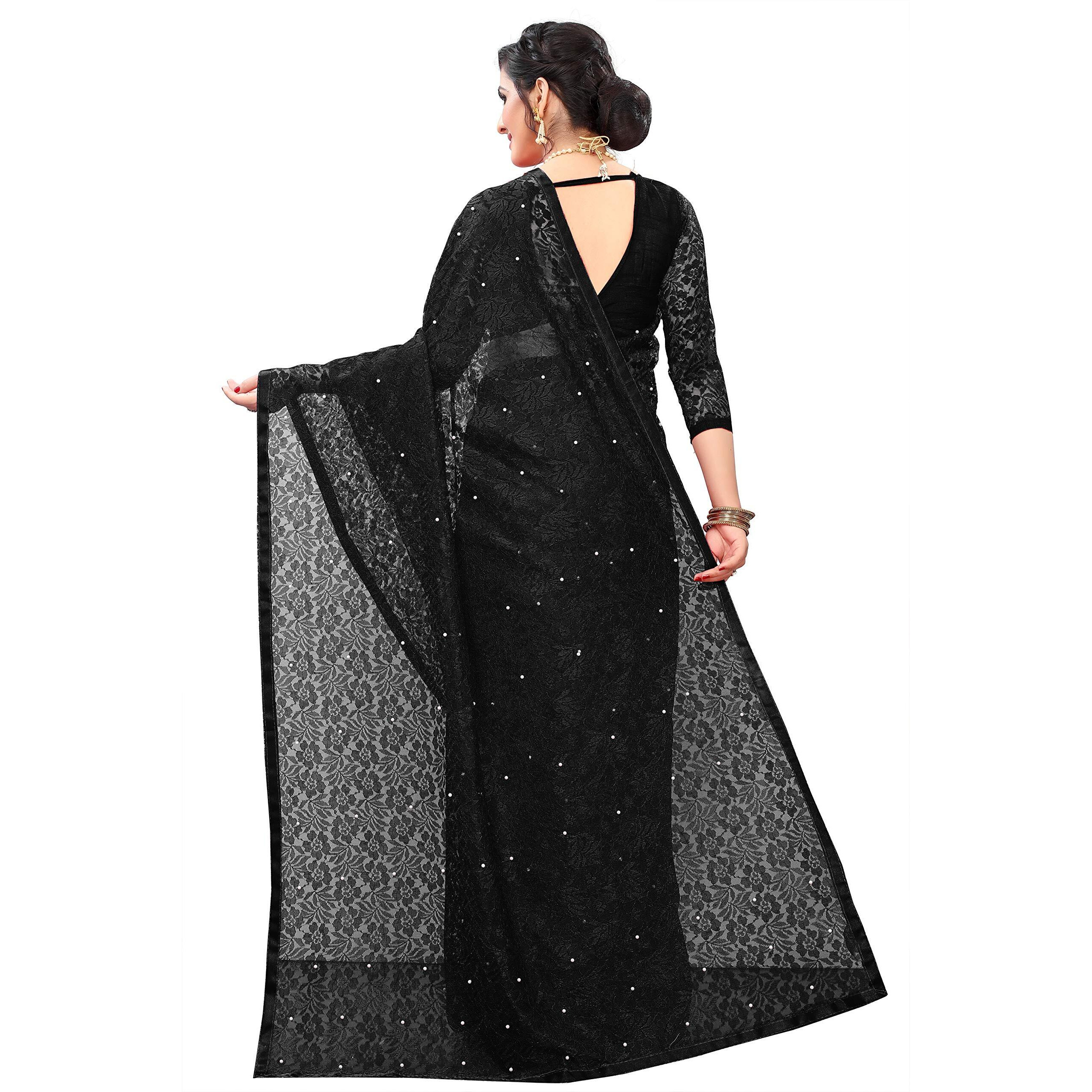 LOROFY Womens Net Saree (With Blouse_Free Size) (Black)