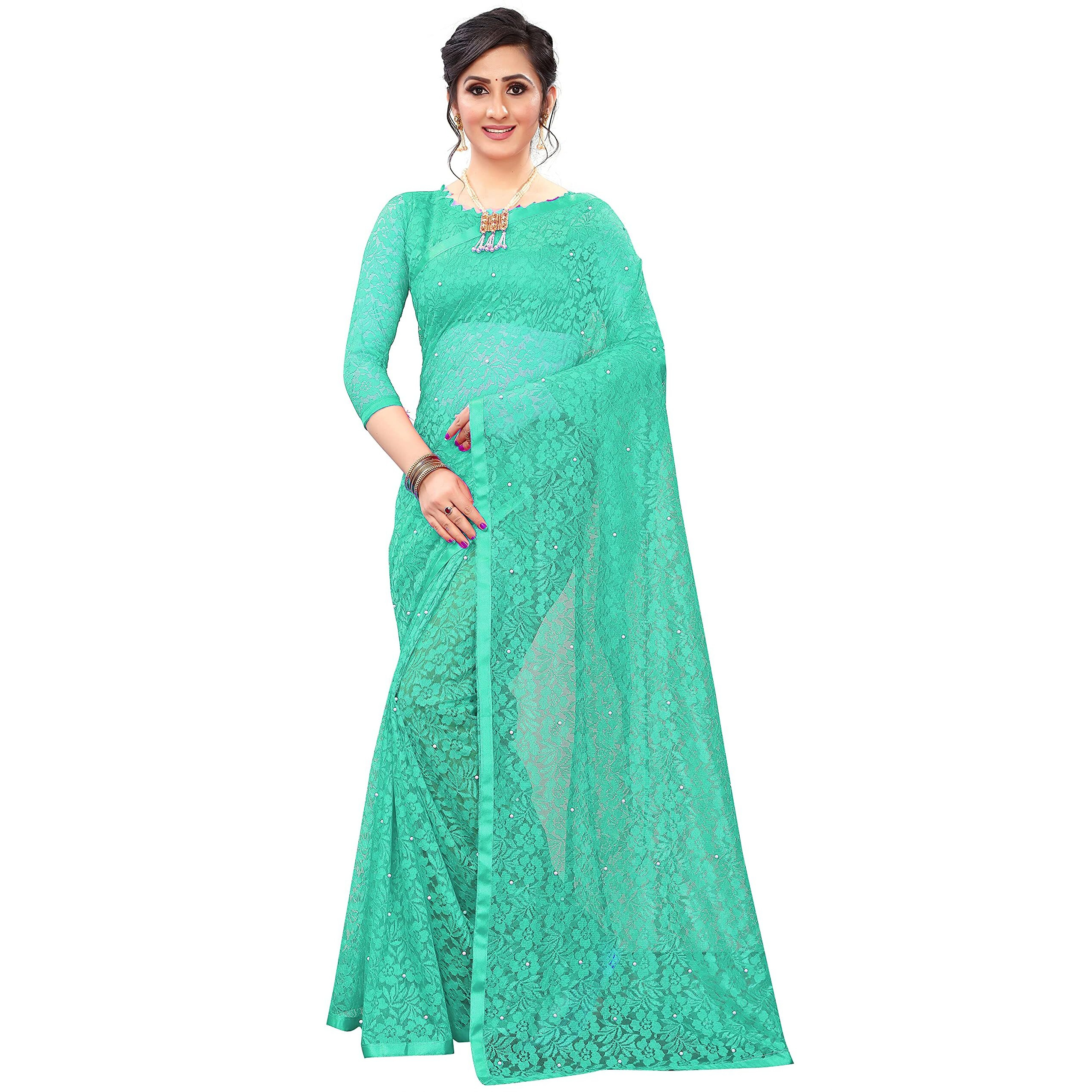 LOROFY Womens Net Saree (With Blouse_Free Size) (Light Green)