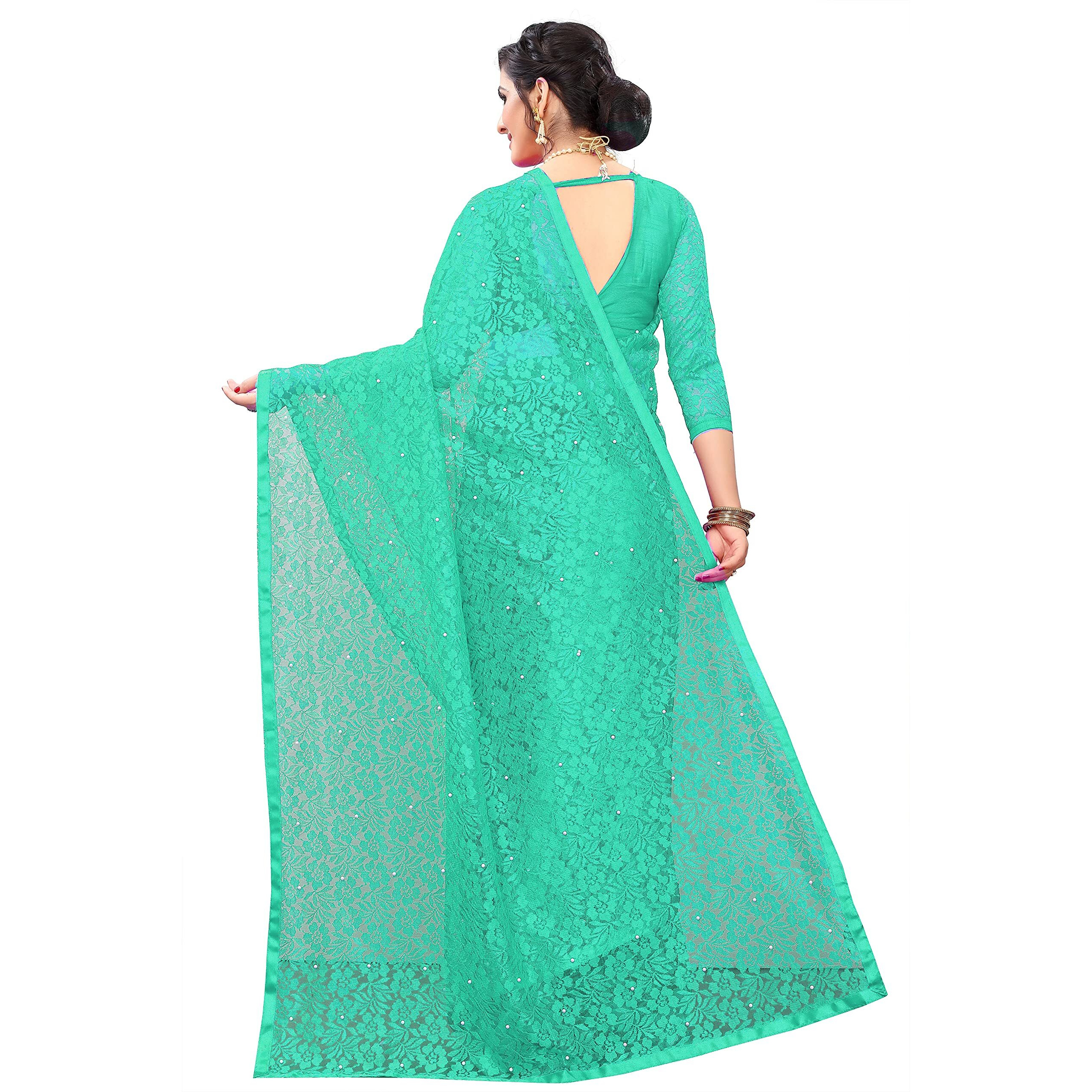 LOROFY Womens Net Saree (With Blouse_Free Size) (Light Green)