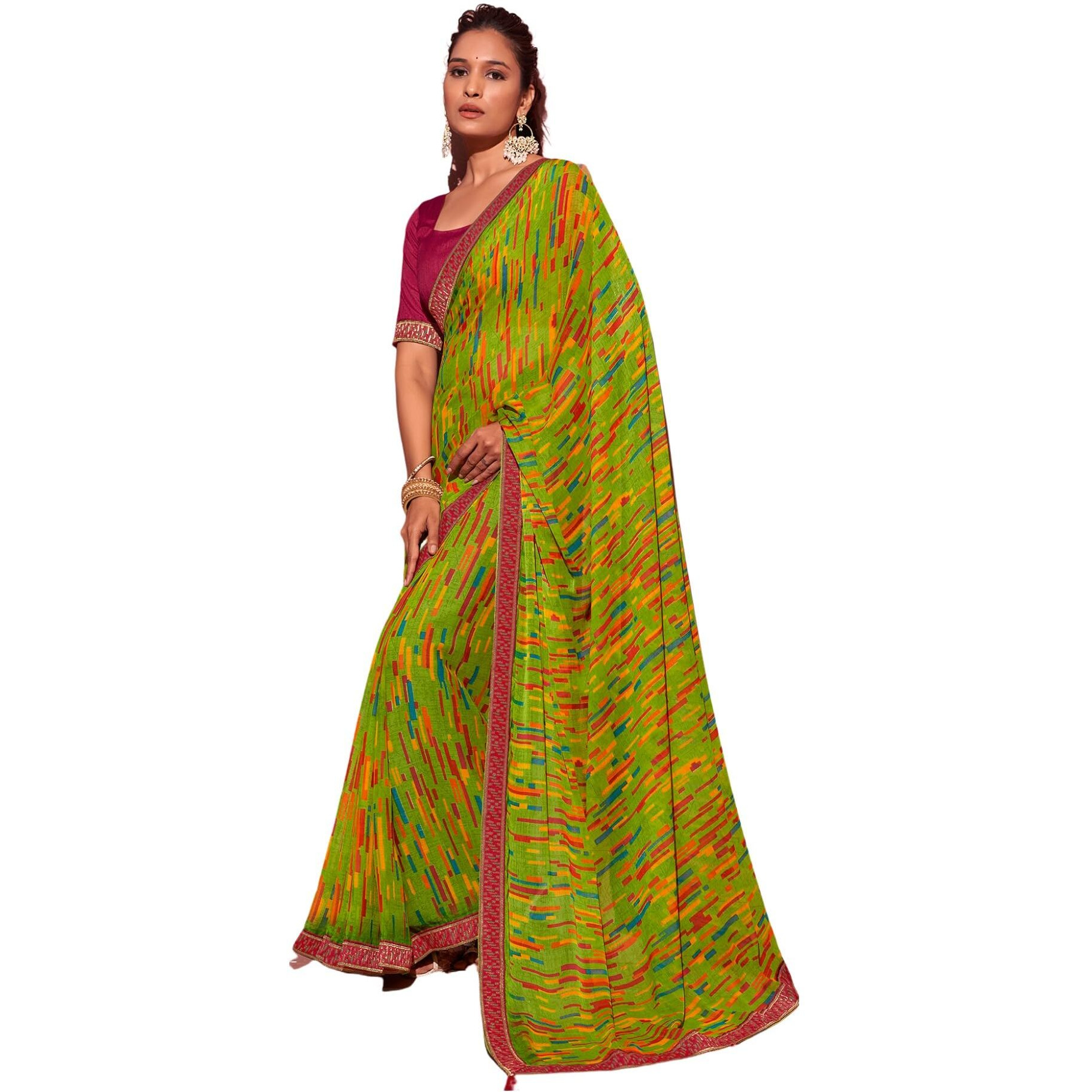 SIRIL Womens Chiffon Geometric Printed Saree With Unstitched Blouse Piece (3628S2530_Green)