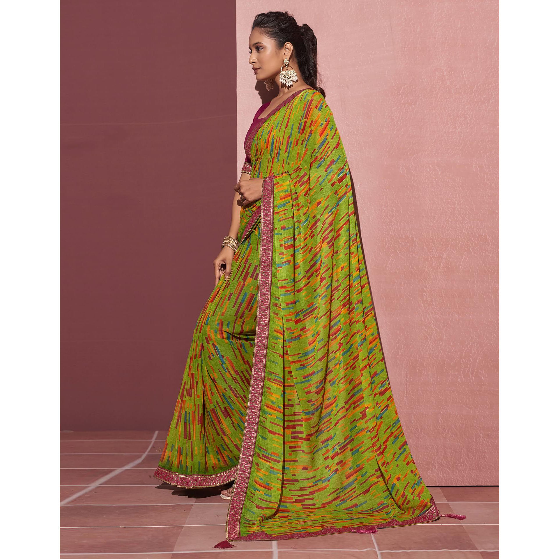 SIRIL Womens Chiffon Geometric Printed Saree With Unstitched Blouse Piece (3628S2530_Green)