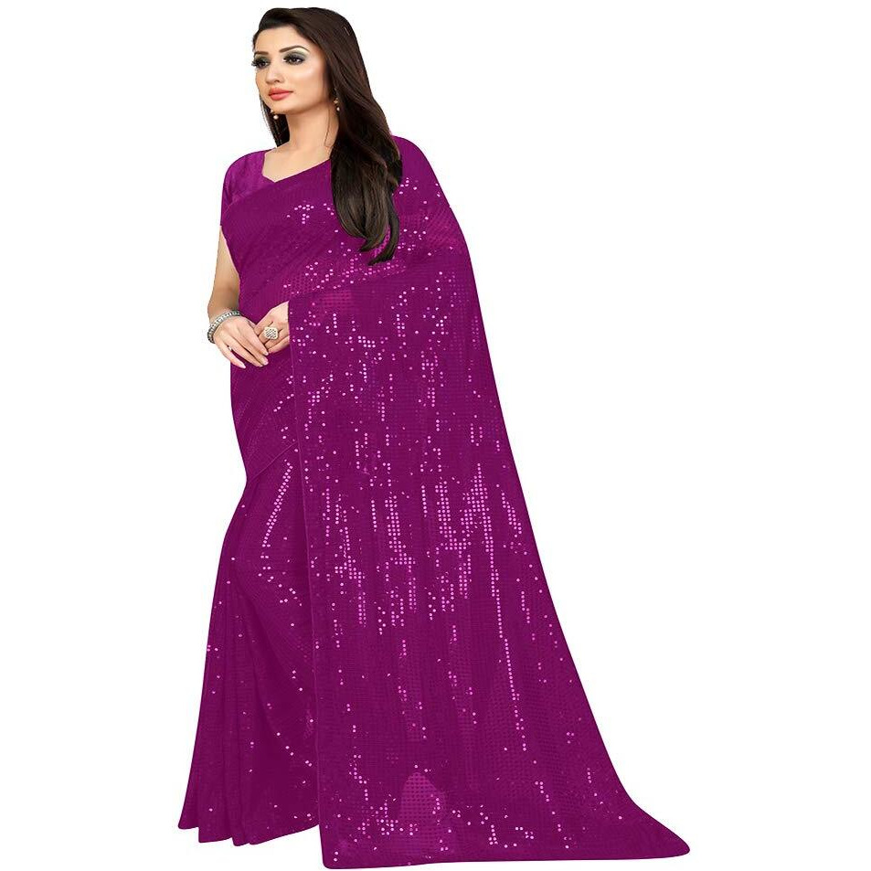 PristiveFashionHub Womens Pure Georgette Sequence Saree With Un-Stiched Blouse Piece (Rani)