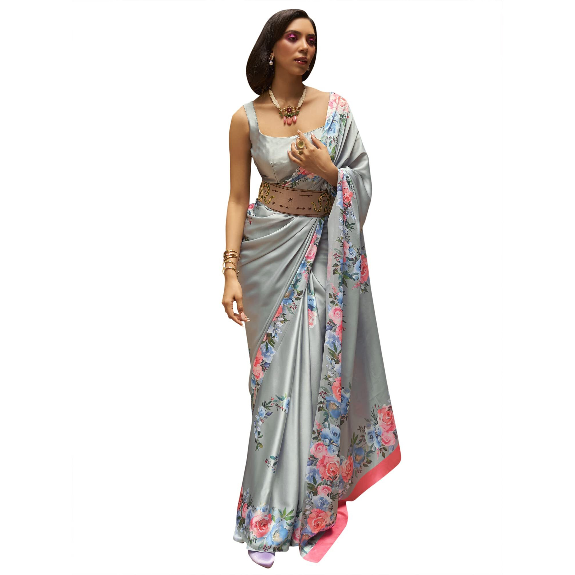 AKHILAM Womens Satin Silk Digital Print Saree With Unstitched Blouse Piece (Grey_KUDOS260007_RJ)