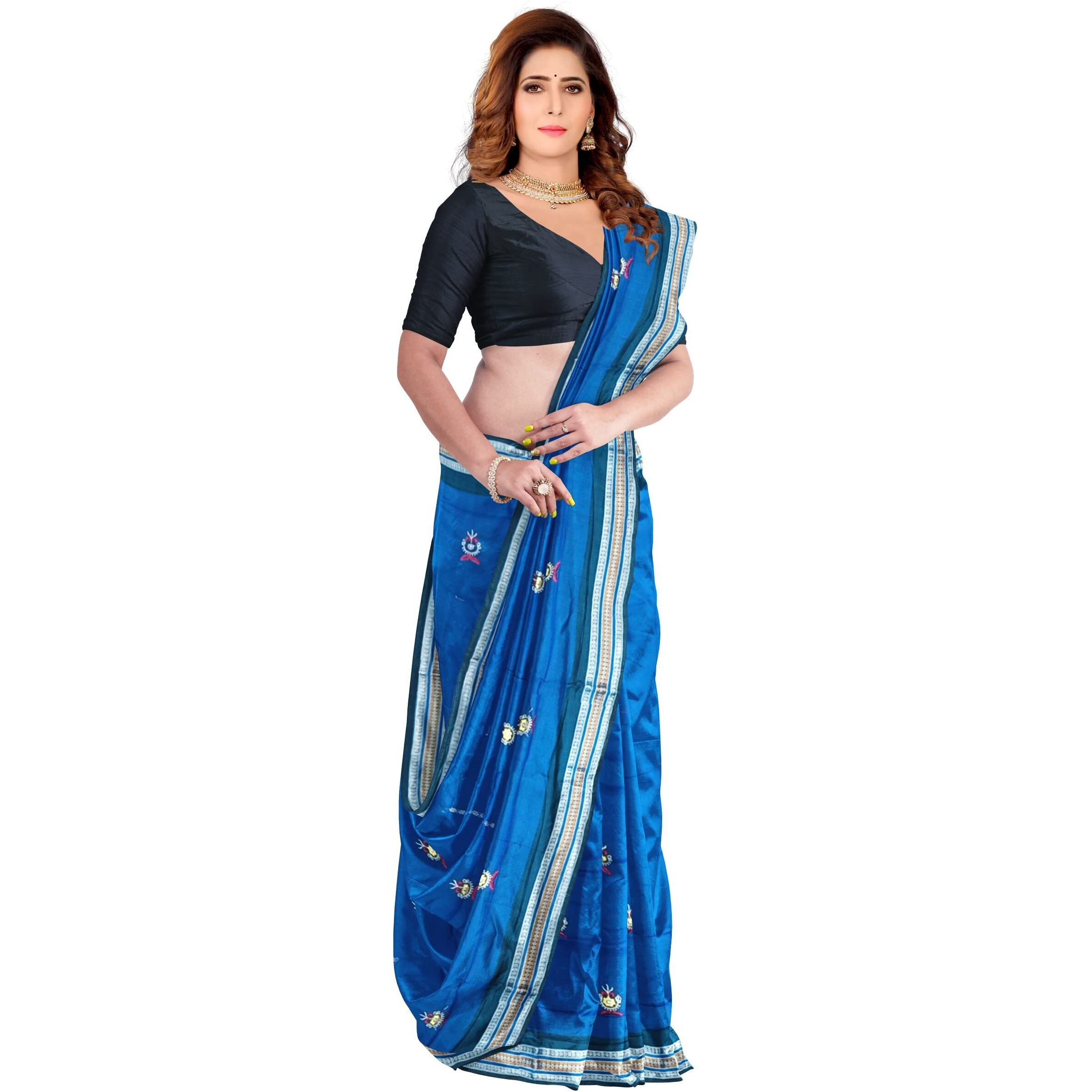 BTHIKIRI Odisha Sambalpuri Handloom Ikat Womens Cotton Saree, Odisha Handloom Handmade Pure Cotton Khandua Saree, Ikkat Orissa Traditional Handloom Saree Without Blouse (Blue, BTHI 101)