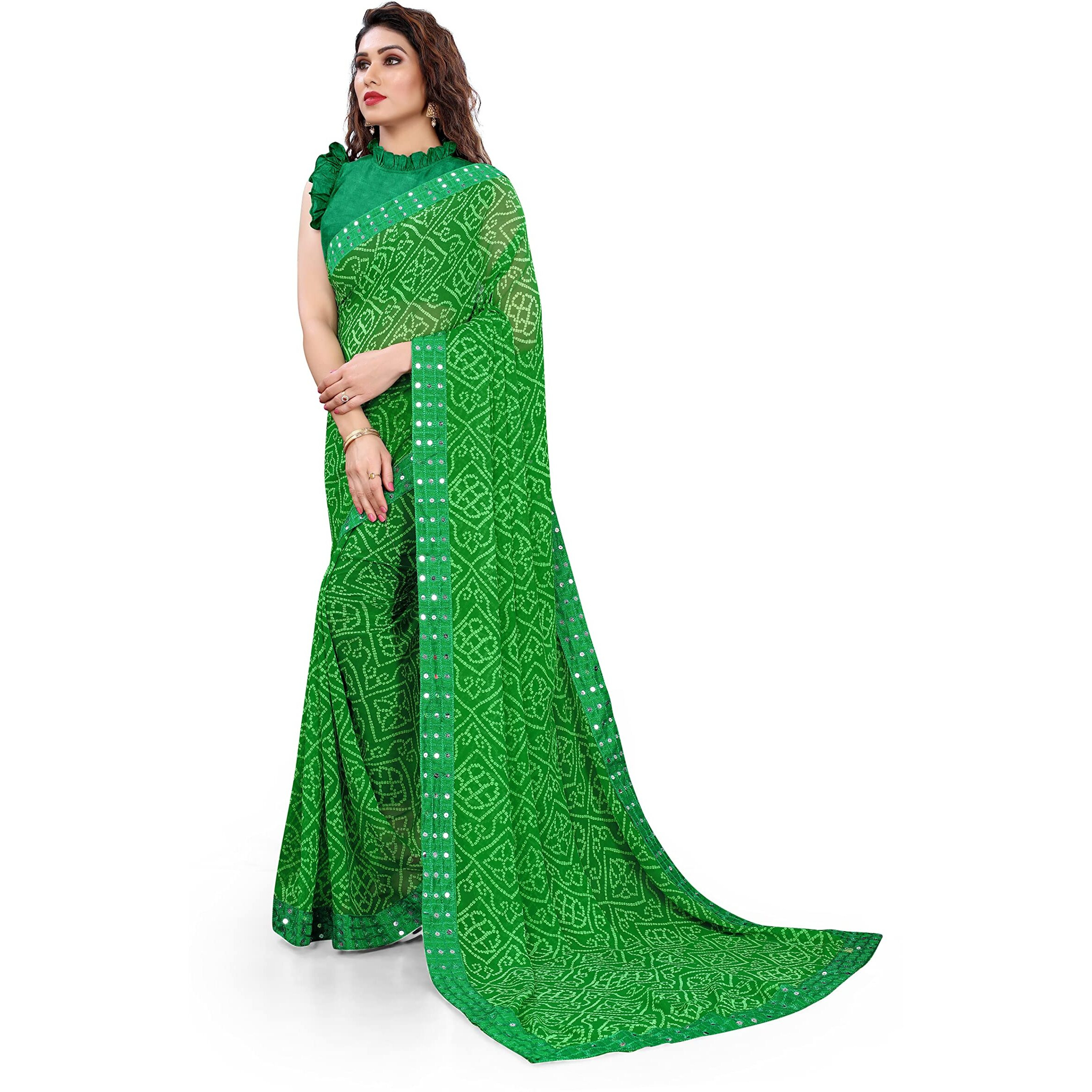 SOURBH Womens Georgette Bandhani Printed Saree with Blouse Piece (32133A-Green)