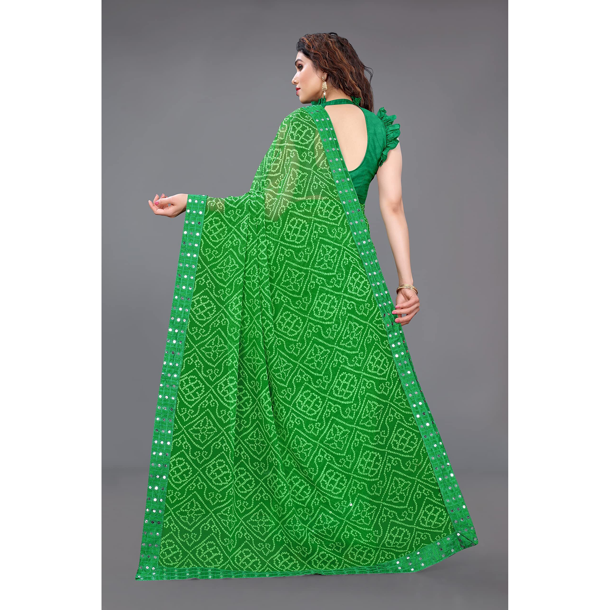 SOURBH Womens Georgette Bandhani Printed Saree with Blouse Piece (32133A-Green)