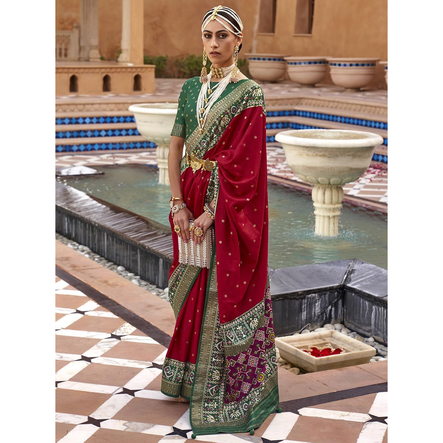 SAREE MALL Woven Design Zari Work Pure Patola Silk Saree For Women With Unstitched Blouse Piece, Red