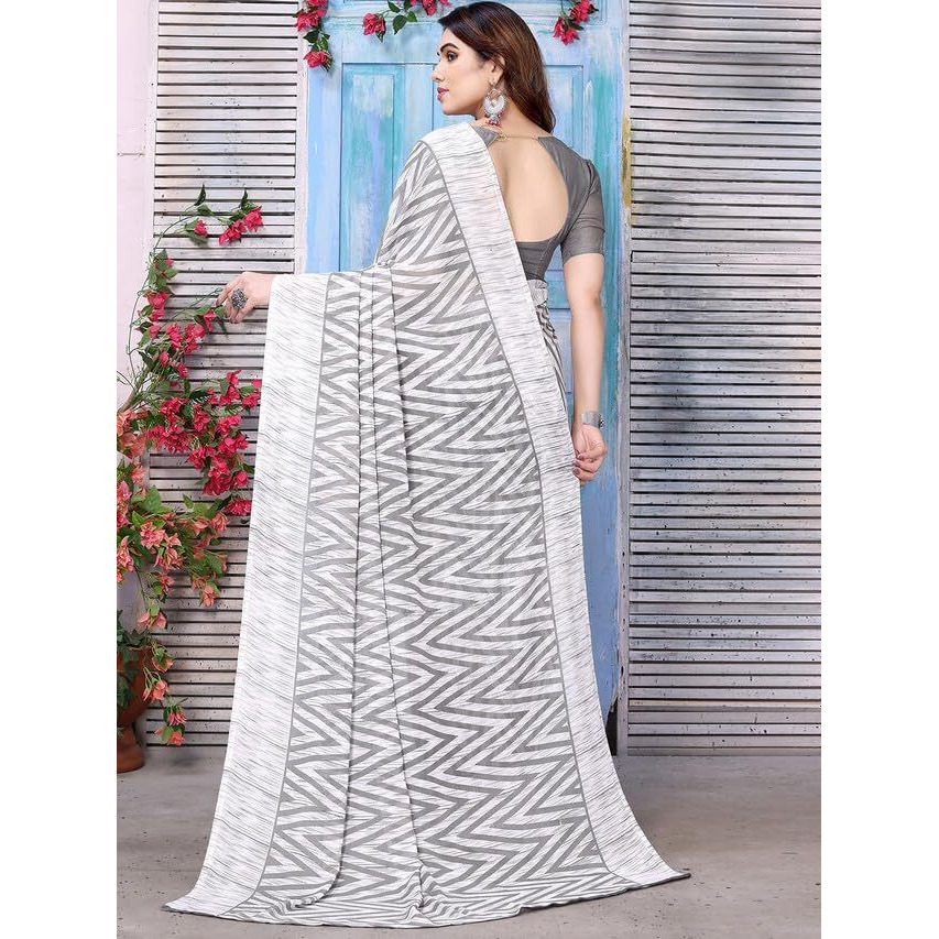 Satrani Womens Pure Georgette Saree (3201S2292NA_Grey & White)