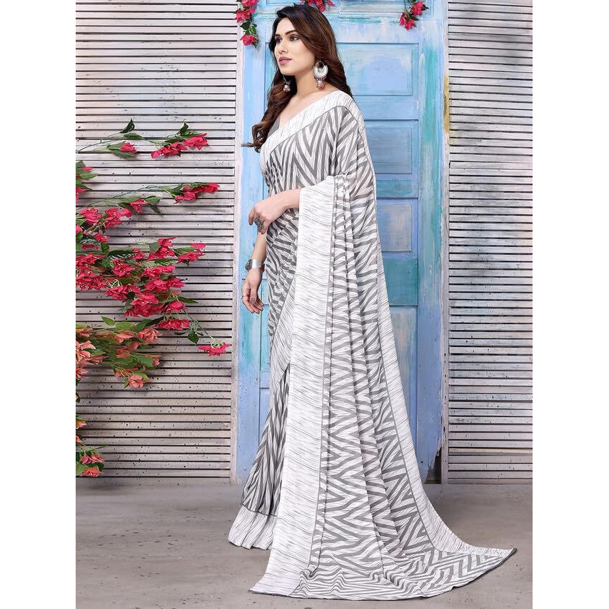 Satrani Womens Pure Georgette Saree (3201S2292NA_Grey & White)