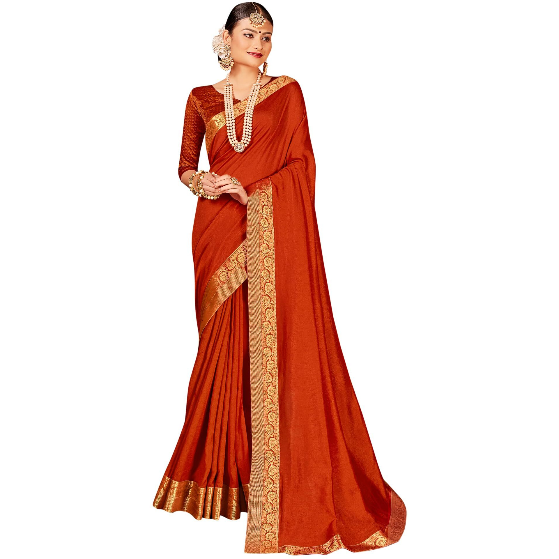 AKHILAM Womens Vichitra Silk Embellished Solid Saree With Unstitched Blouse Piece (Orange_SHRINGR11007_5D)