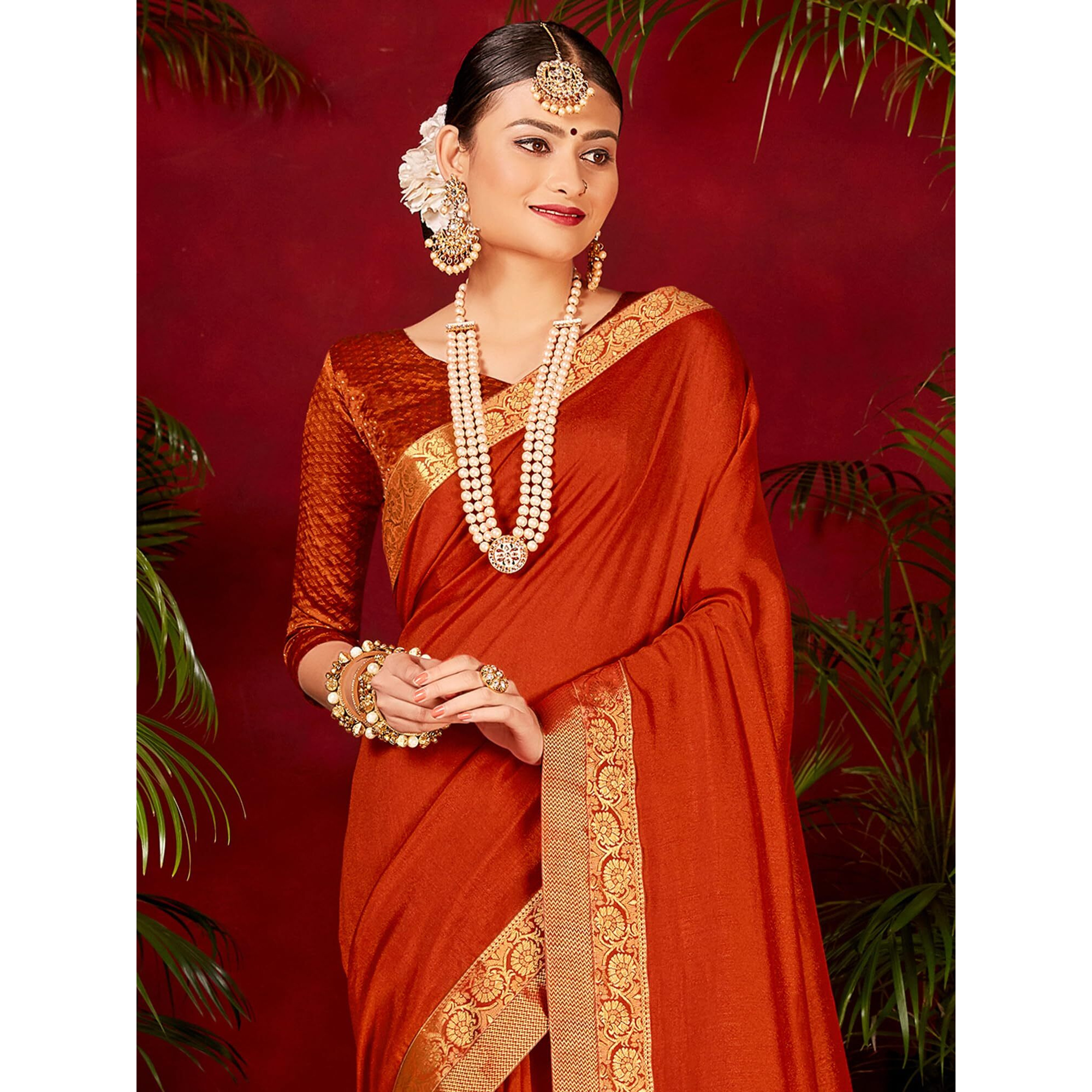 AKHILAM Womens Vichitra Silk Embellished Solid Saree With Unstitched Blouse Piece (Orange_SHRINGR11007_5D)