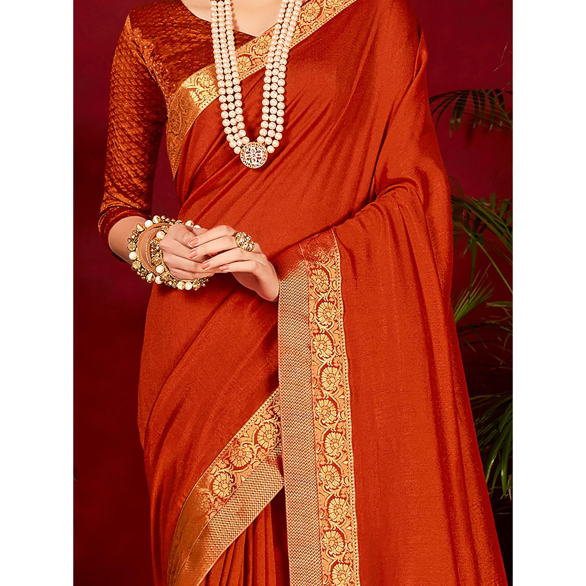 AKHILAM Womens Vichitra Silk Embellished Solid Saree With Unstitched Blouse Piece (Orange_SHRINGR11007_5D)