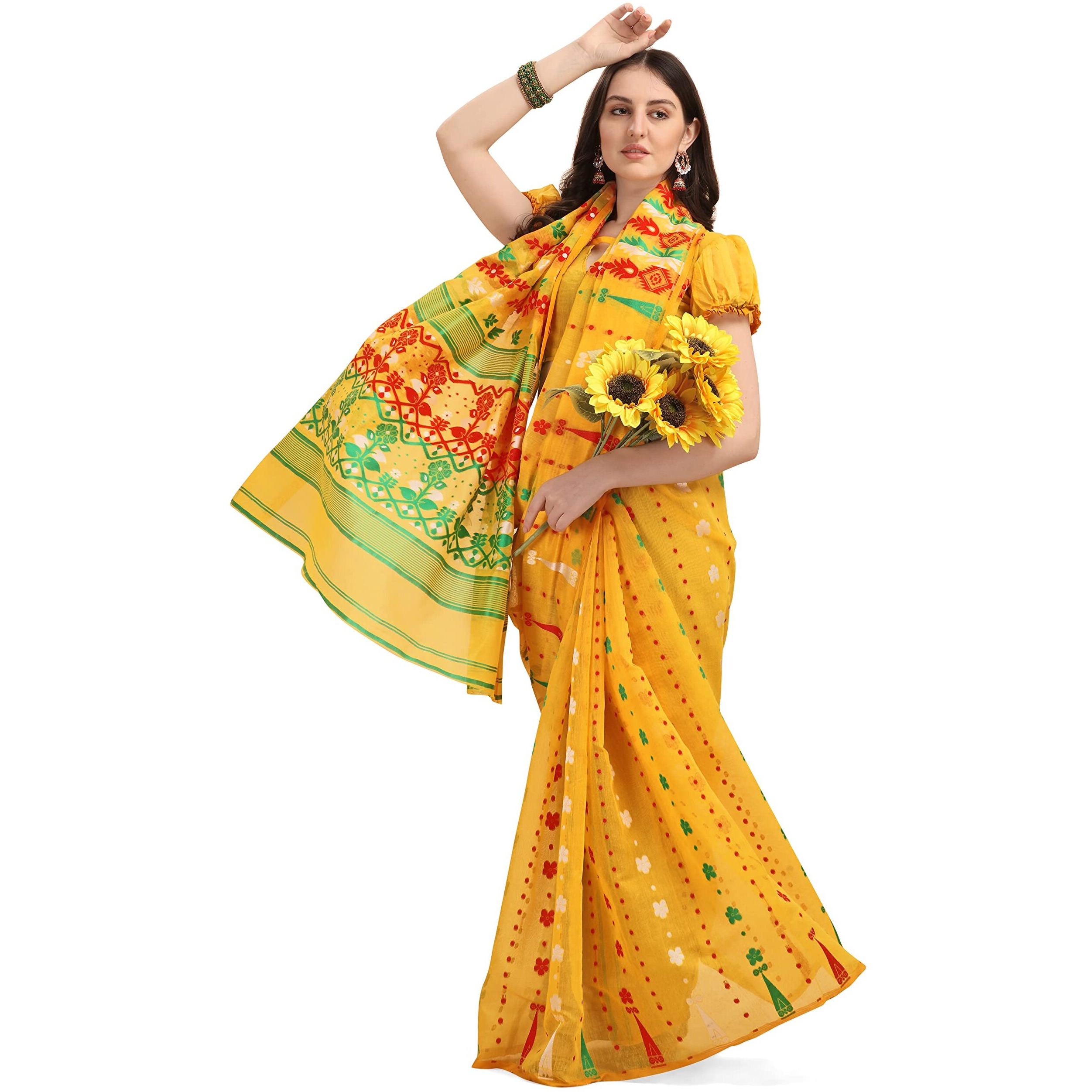 EthnicJunction Womens Silk Blend Jamdani Printed Saree With Blouse Piece (EJ7043-Tant-Yellow_Yellow)