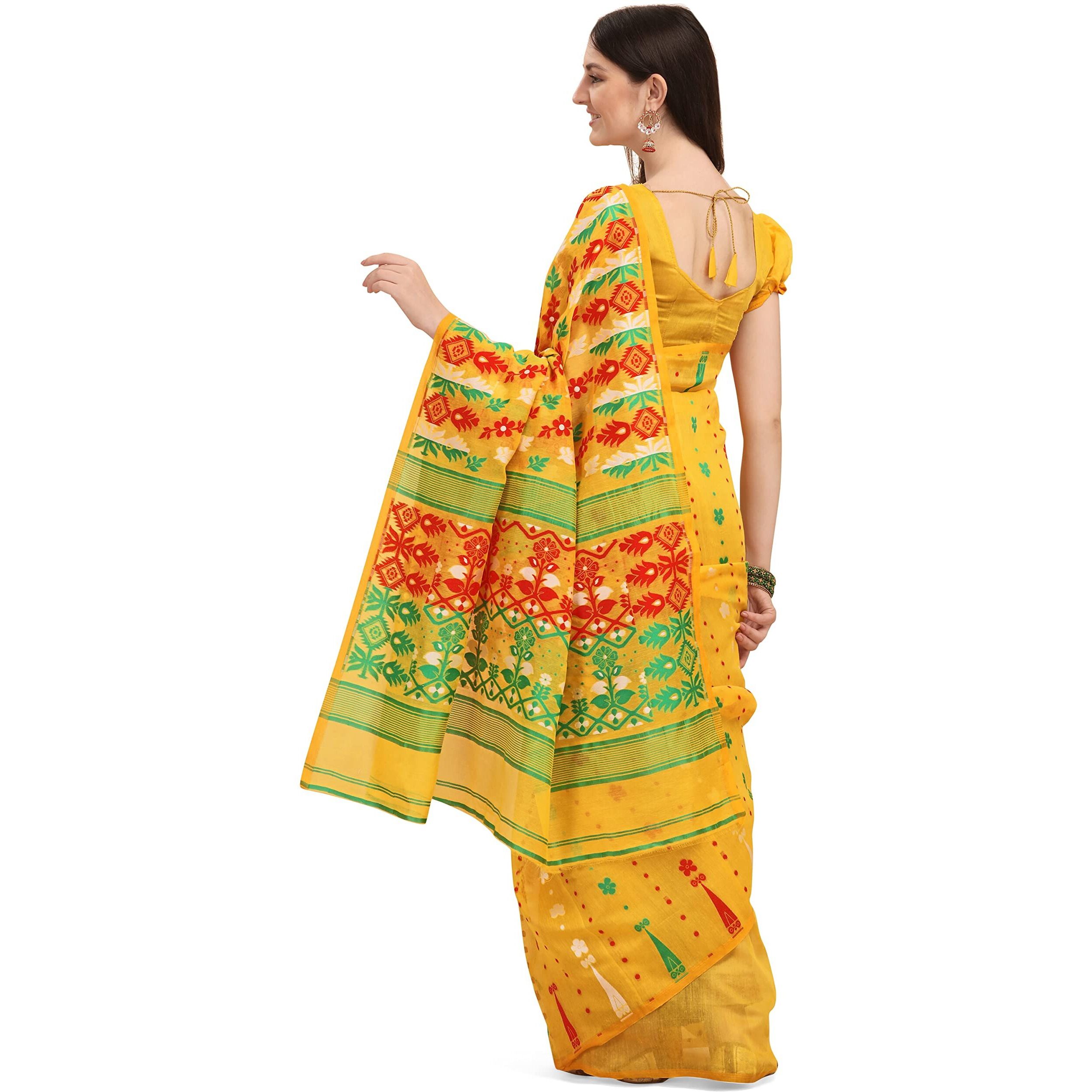 EthnicJunction Womens Silk Blend Jamdani Printed Saree With Blouse Piece (EJ7043-Tant-Yellow_Yellow)