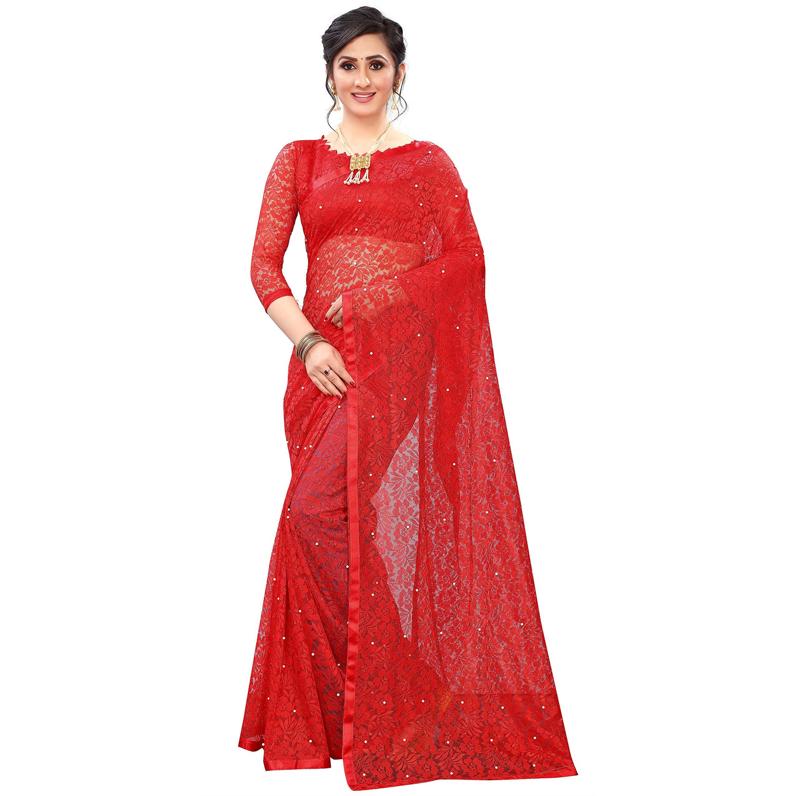 LOROFY Womens Net Saree (With Blouse_Free Size) (Red)