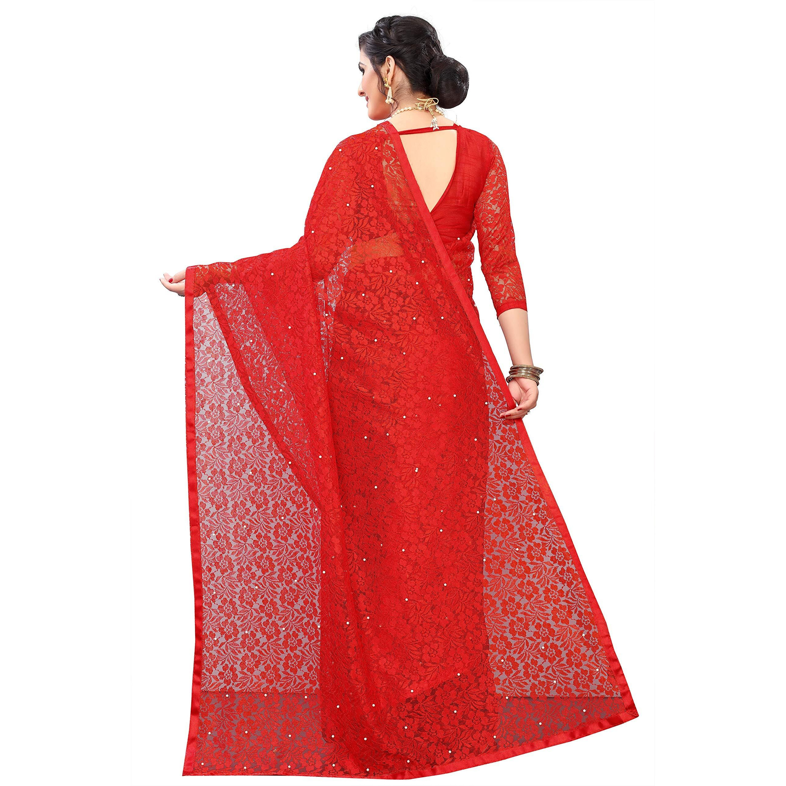 LOROFY Womens Net Saree (With Blouse_Free Size) (Red)