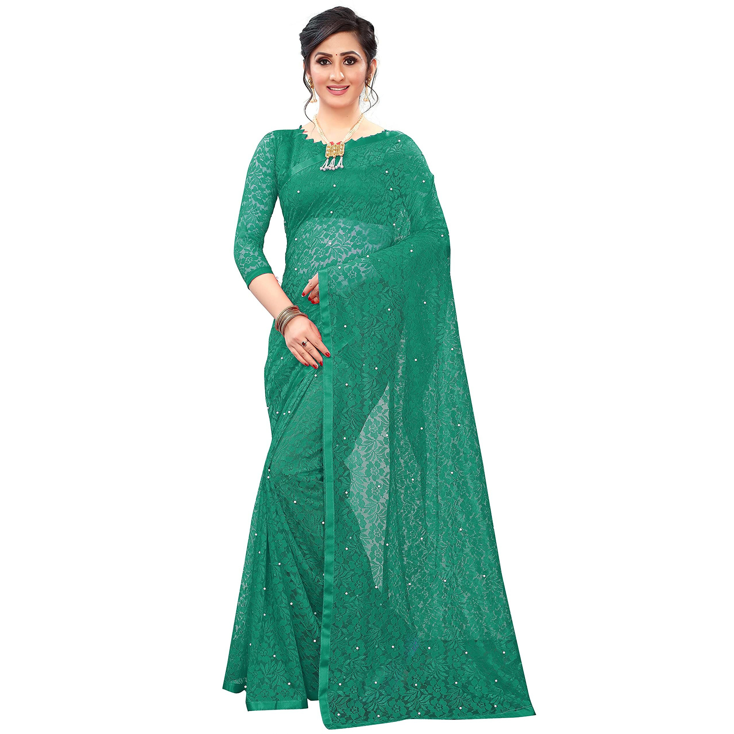 LOROFY Womens Net Saree (With Blouse_Free Size) (Dark Green)