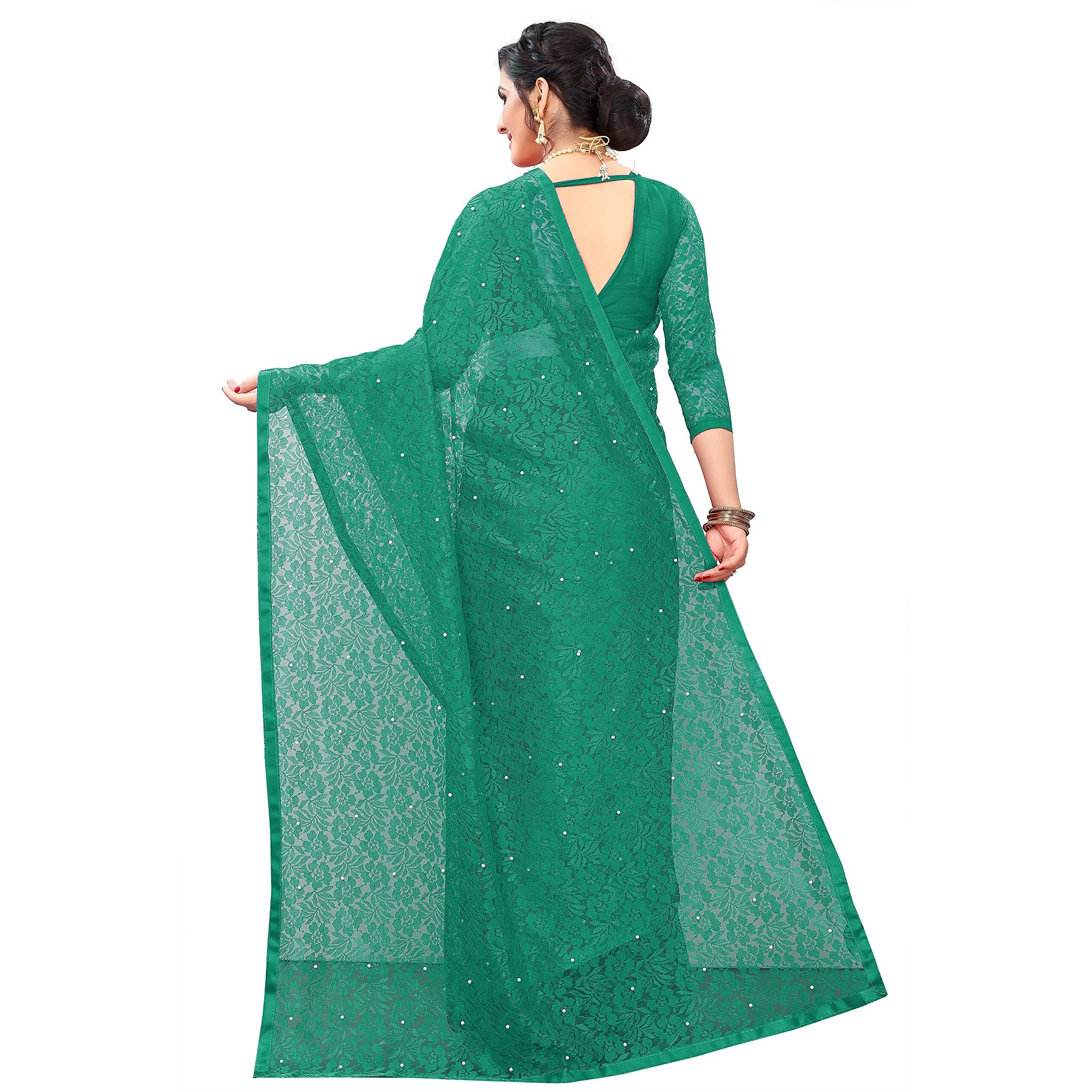 LOROFY Womens Net Saree (With Blouse_Free Size) (Dark Green)